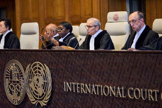 <p>Presiding Judge Nawaf Salam reads the ruling in the International Court of Justice, or World Court, in The Hague, Netherlands,</p>