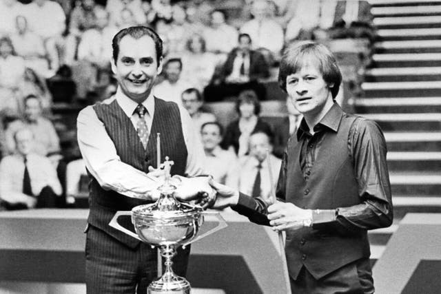 <p>Ray Reardon, left, with Alex Higgins before the  1982 World Championship final </p>