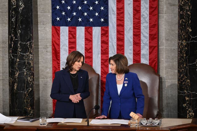 <p>Nancy Pelosi (right) reportedly argued for an open convention to help strengthen Kamala Harris (left) as the Democratic candidate if Joe Biden leaves the race</p>
