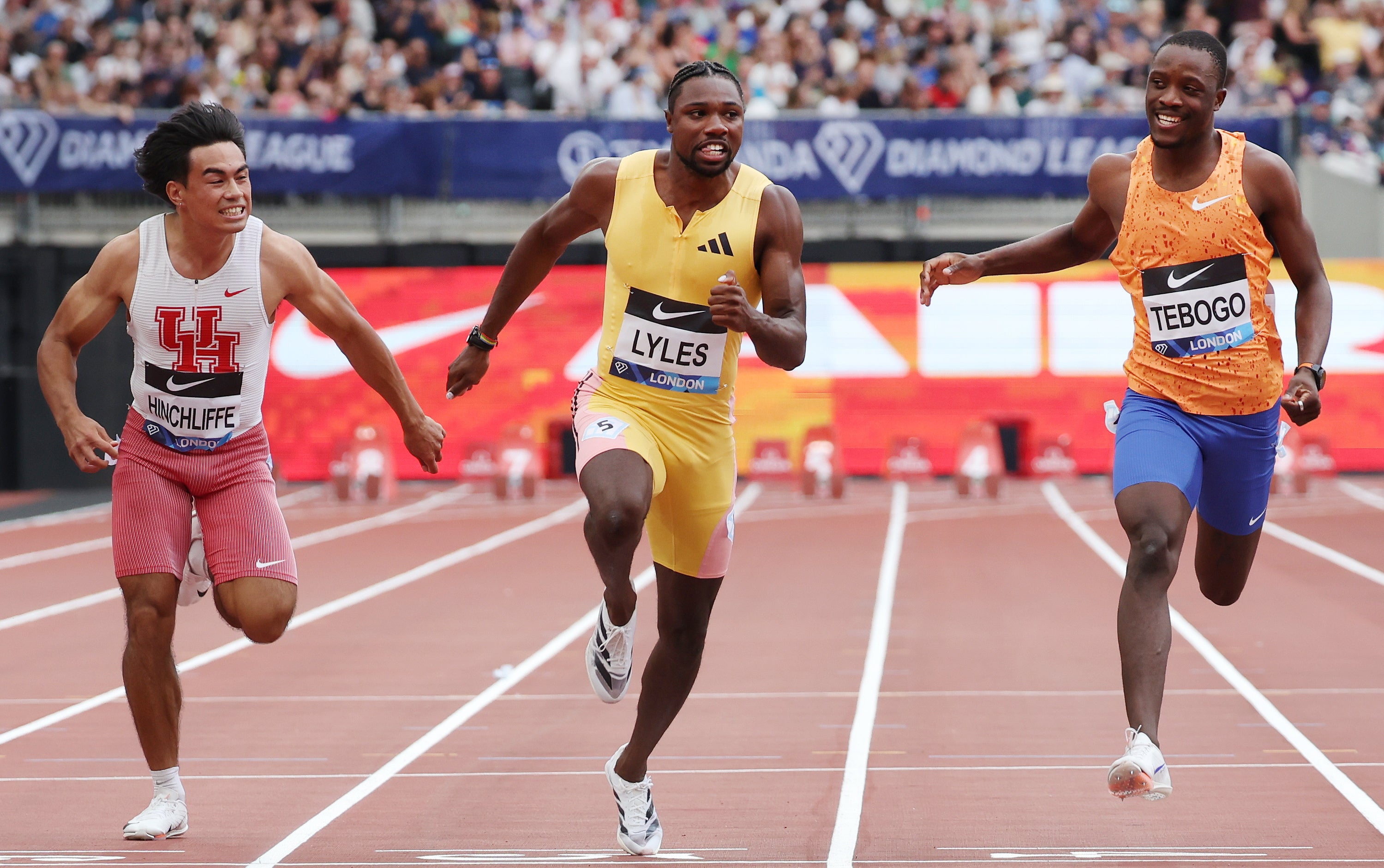 Noah Lyles (centre) ran a PB to win the men’s 100m, while Louie Hinchliffe (left) was the best of the Brits