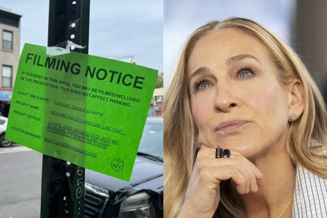 <p>Sarah Jessica Parker in ‘And Just Like That’, and one of many fake flyers posted around New York</p>