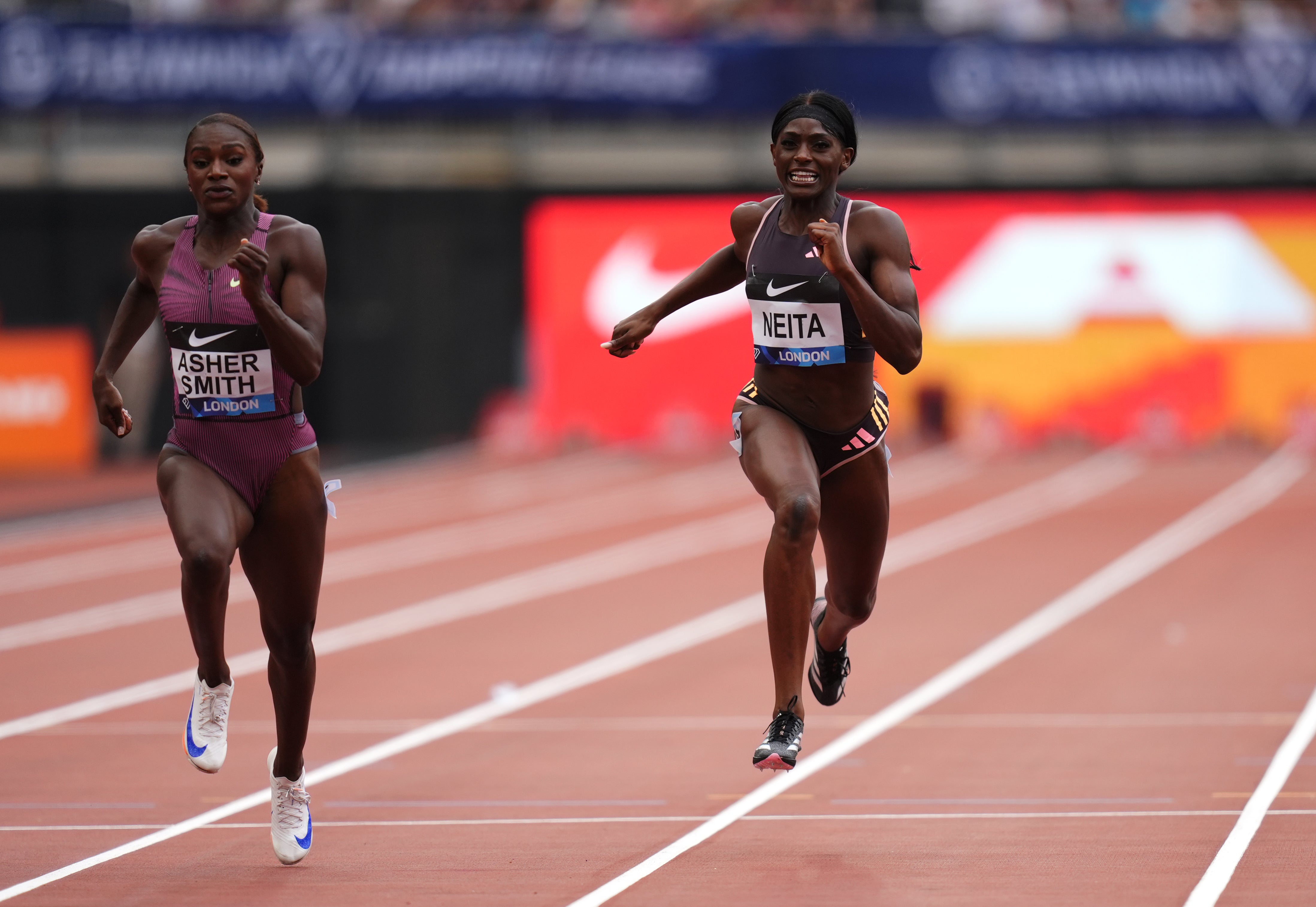 Dina Asher-Smith, left, and Daryll Neita in action at the London Diamond League