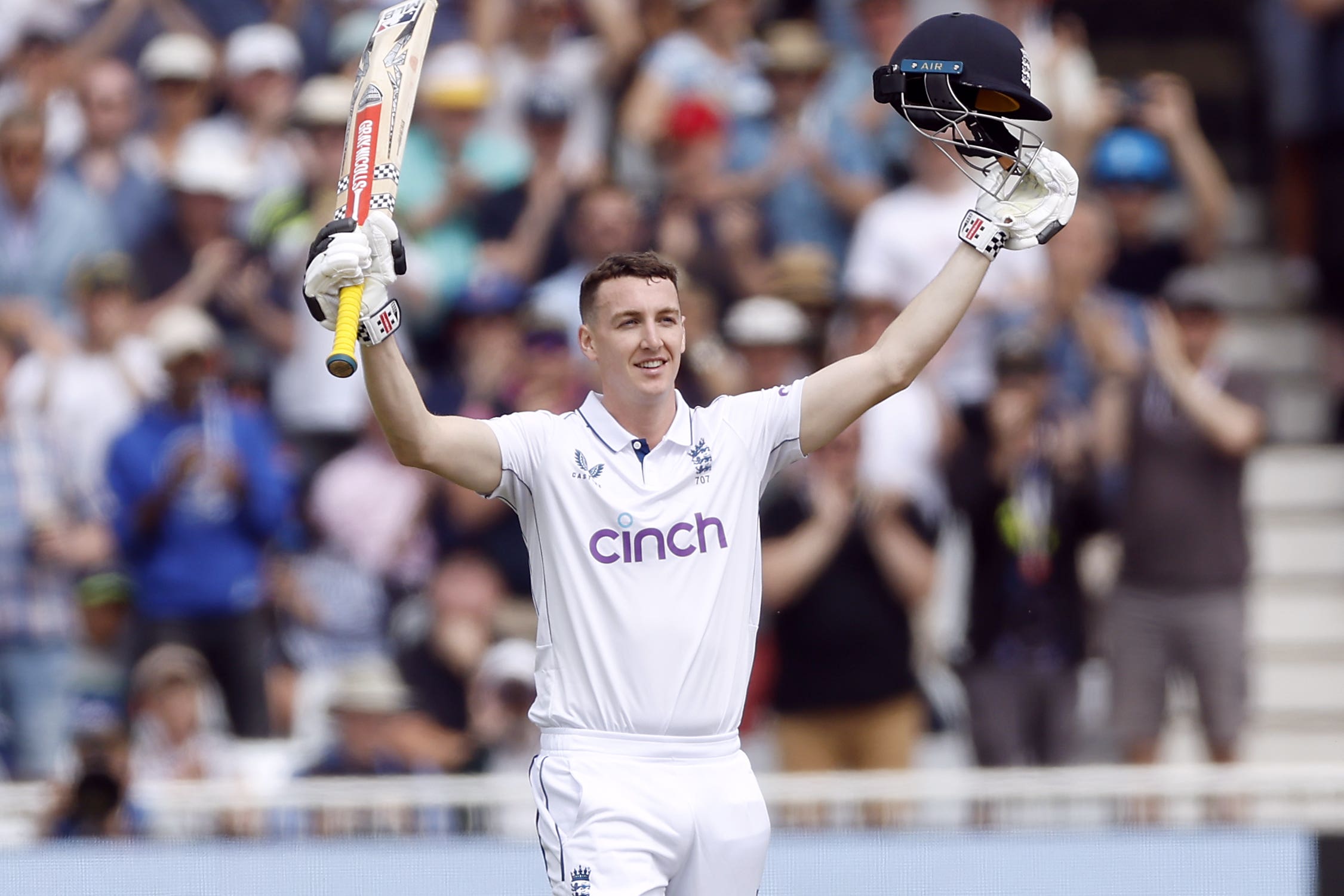 Harry Brook celebrates reaching his century (Nigel French/PA)