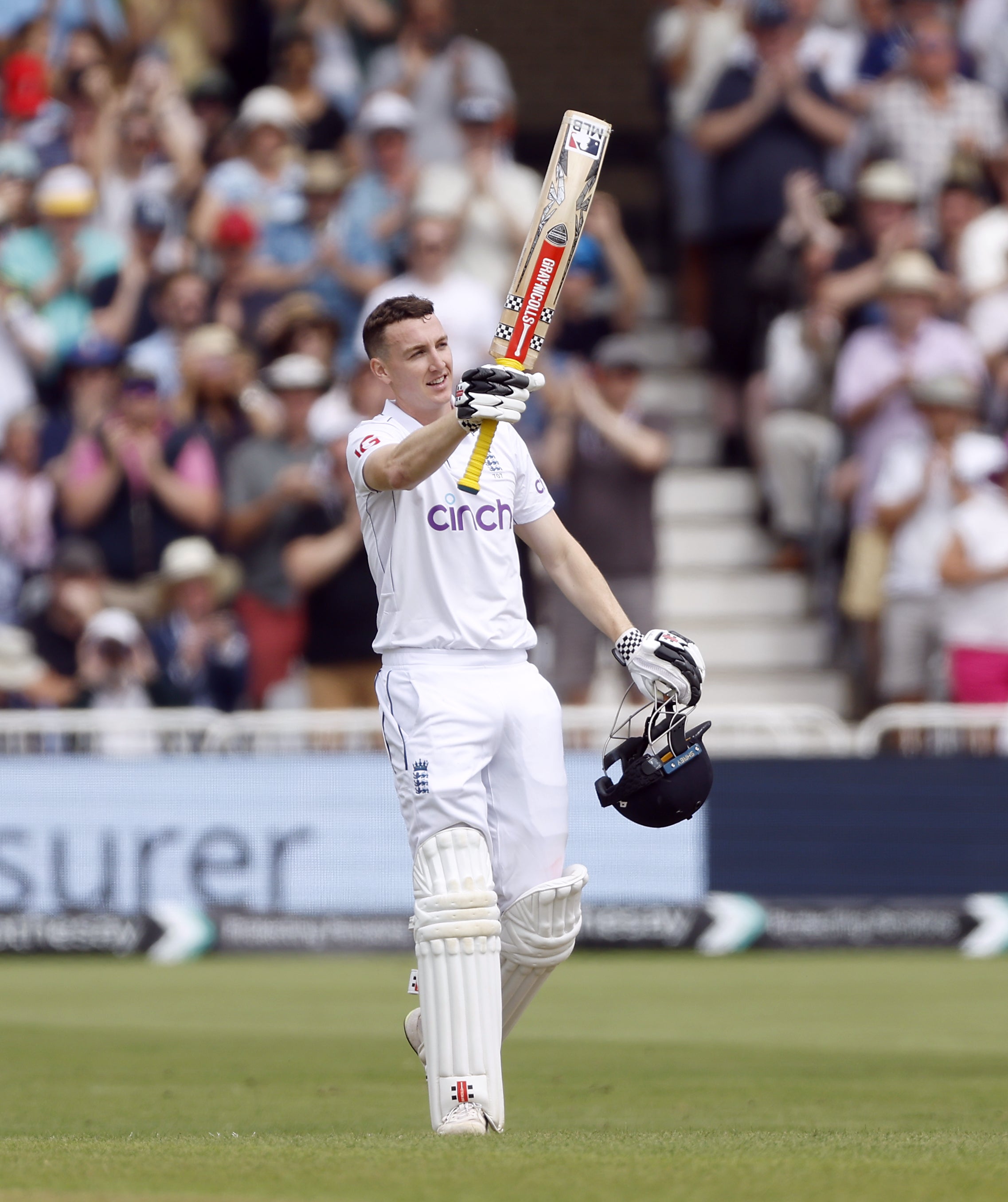 Harry Brook celebrates his century (Nigel French/PA).