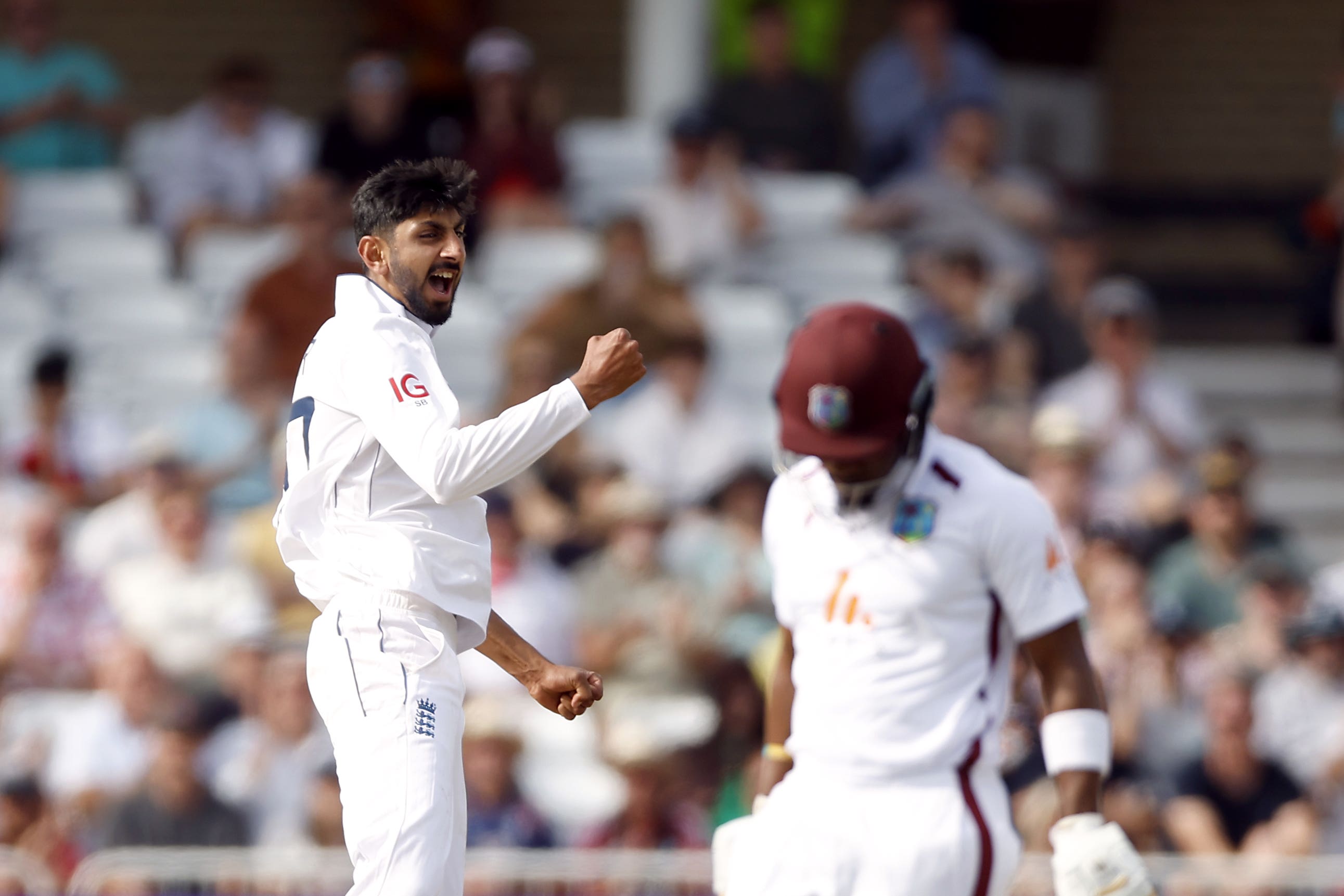 Shoaib Bashir celebrates after taking a wicket. The spinner finished with 5 for 41 as England beat the West Indies by 241 runs