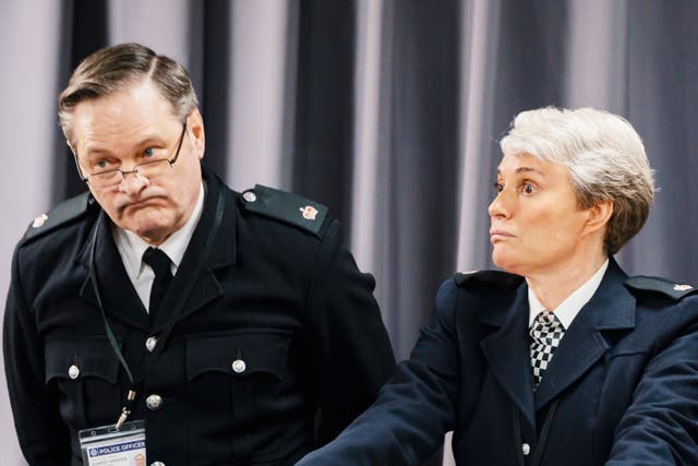 <p>Mark Heap as superintendent Bob Weekes and Sarah Parish as superintendent Julie Spry in ITV’s ‘Piglets’ </p>