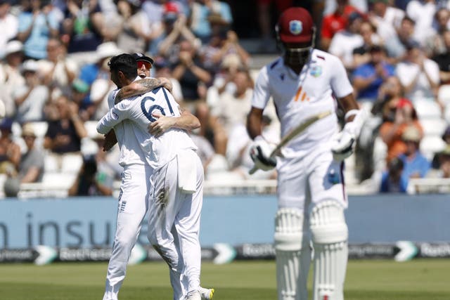 Shoaib Bashir and Ben Stokes celebrate a West Indian wicket (Nigel French/PA)