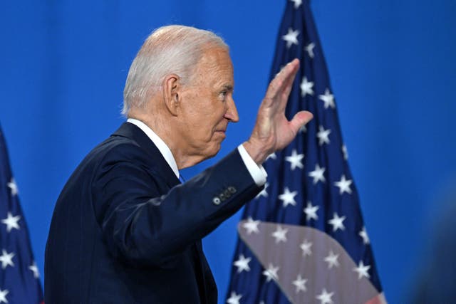 <p>Joe Biden walks off stage after speaking at the Nato summit in Washington DC on July 11 </p>