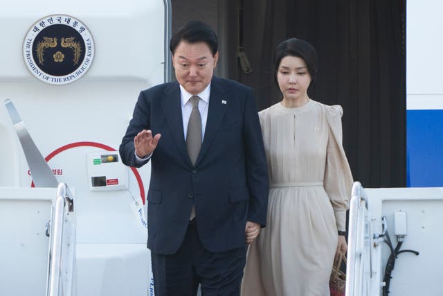 <p>South Korea’s president Yoon Suk Yeol accompanied by first lady Kim Keon Hee</p>