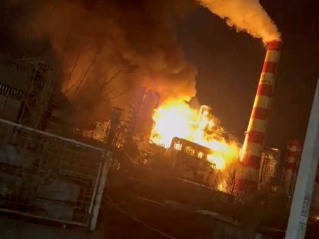 <p>Smoke and flames rise after a fire broke out at a large oil refinery in Tuapse, Russia</p>