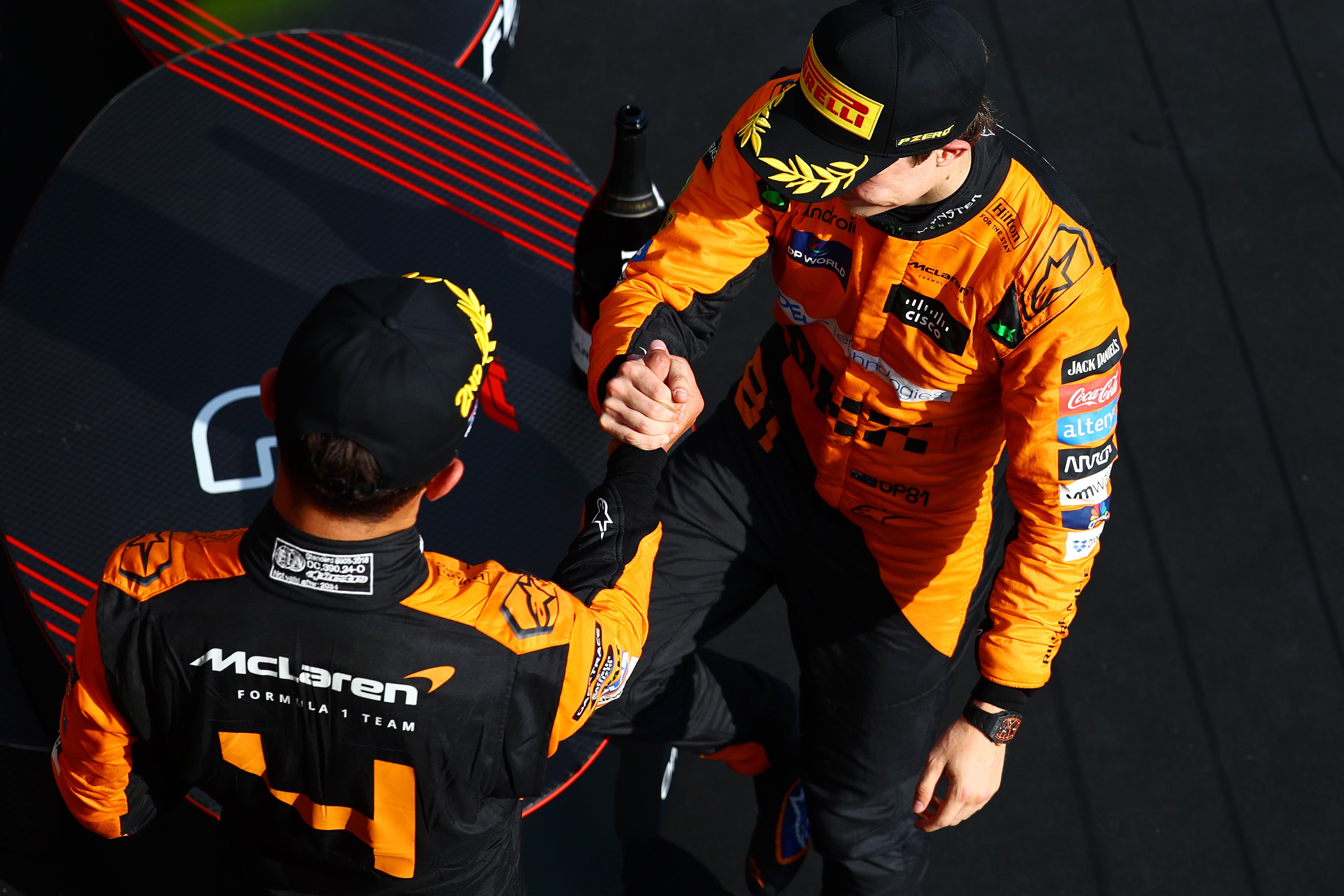 <p>Race winner Oscar Piastri and Lando Norris on the podium in Hungary</p>