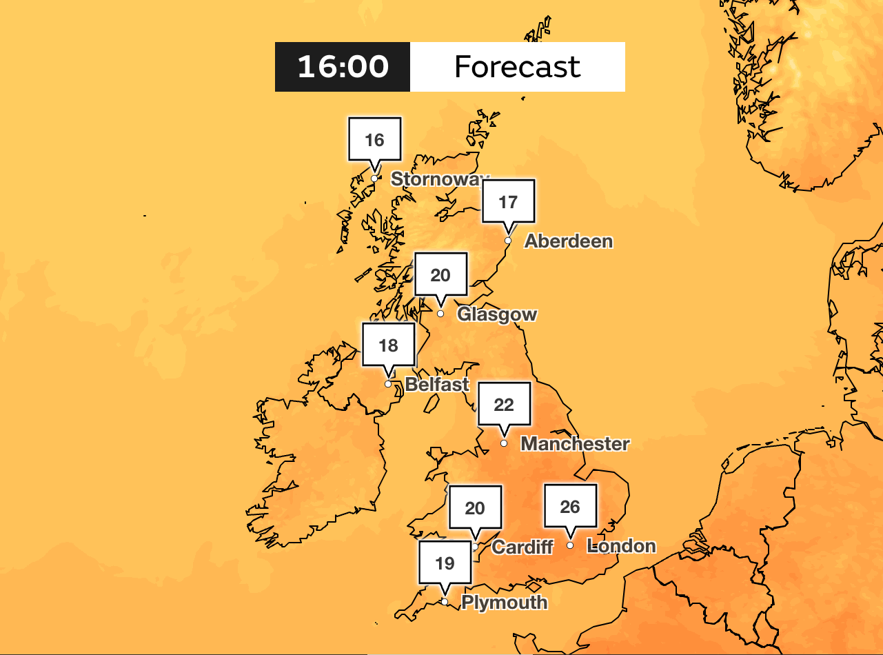 UK temperatures will remain warm with highs of 26C on Wednesday afternoon