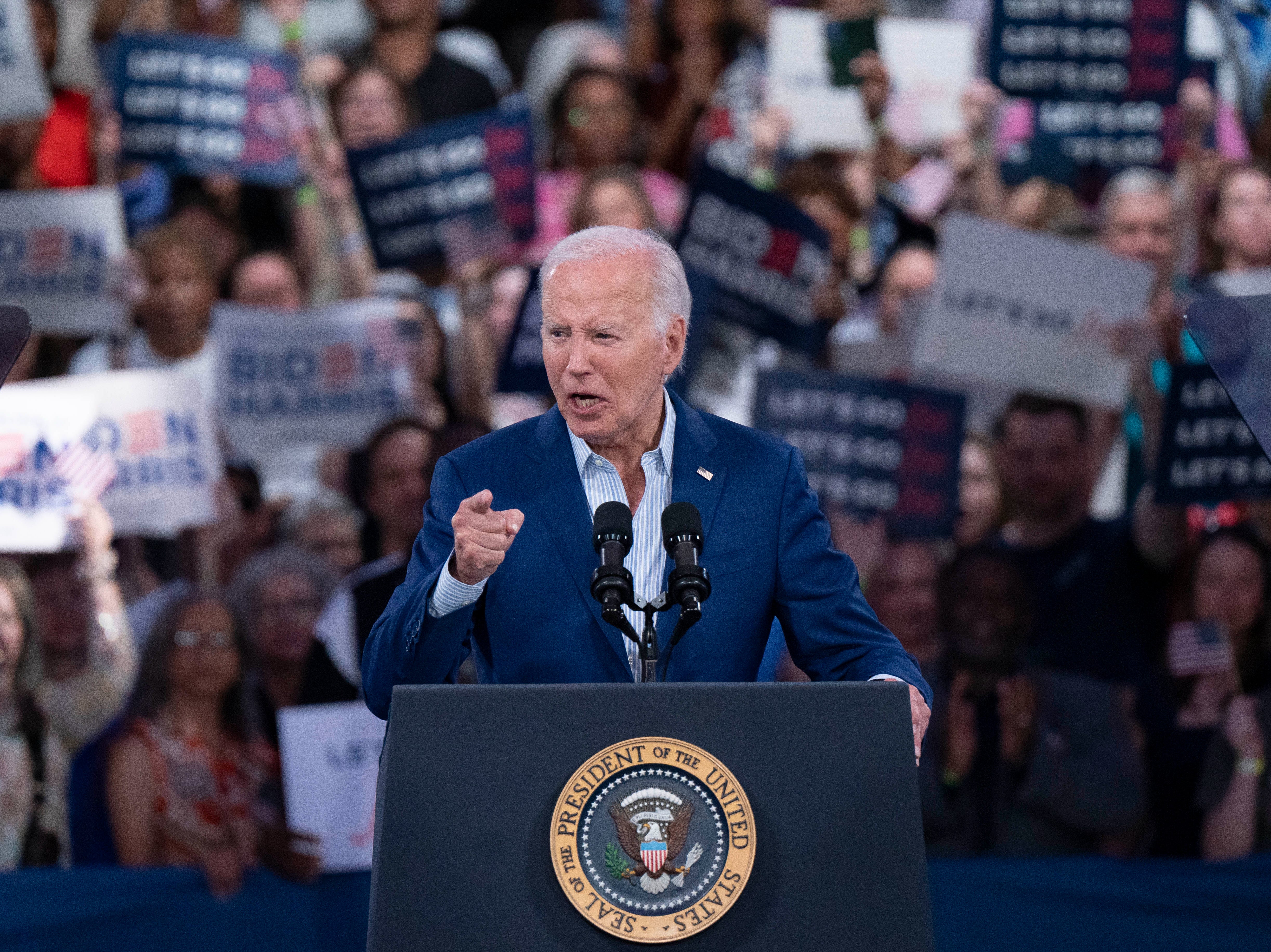 President Joe Biden speaks at a post-debate campaign rally last month