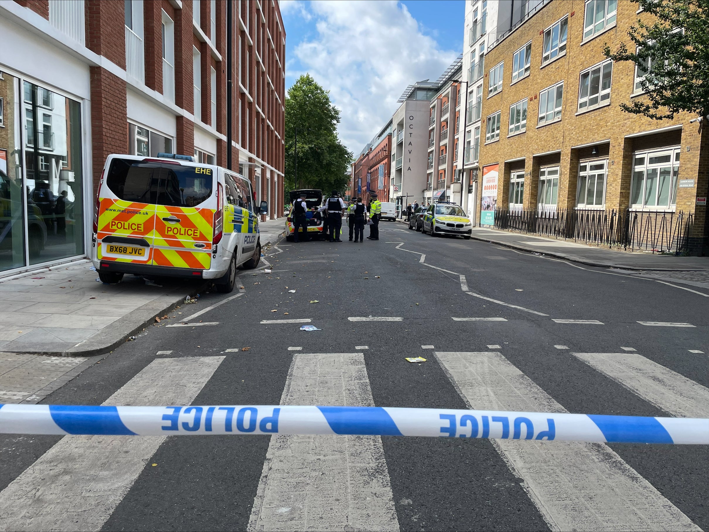 Police tape cordoning off the area near Emslie Horniman's Pleasance Park, near Ladbroke Grove