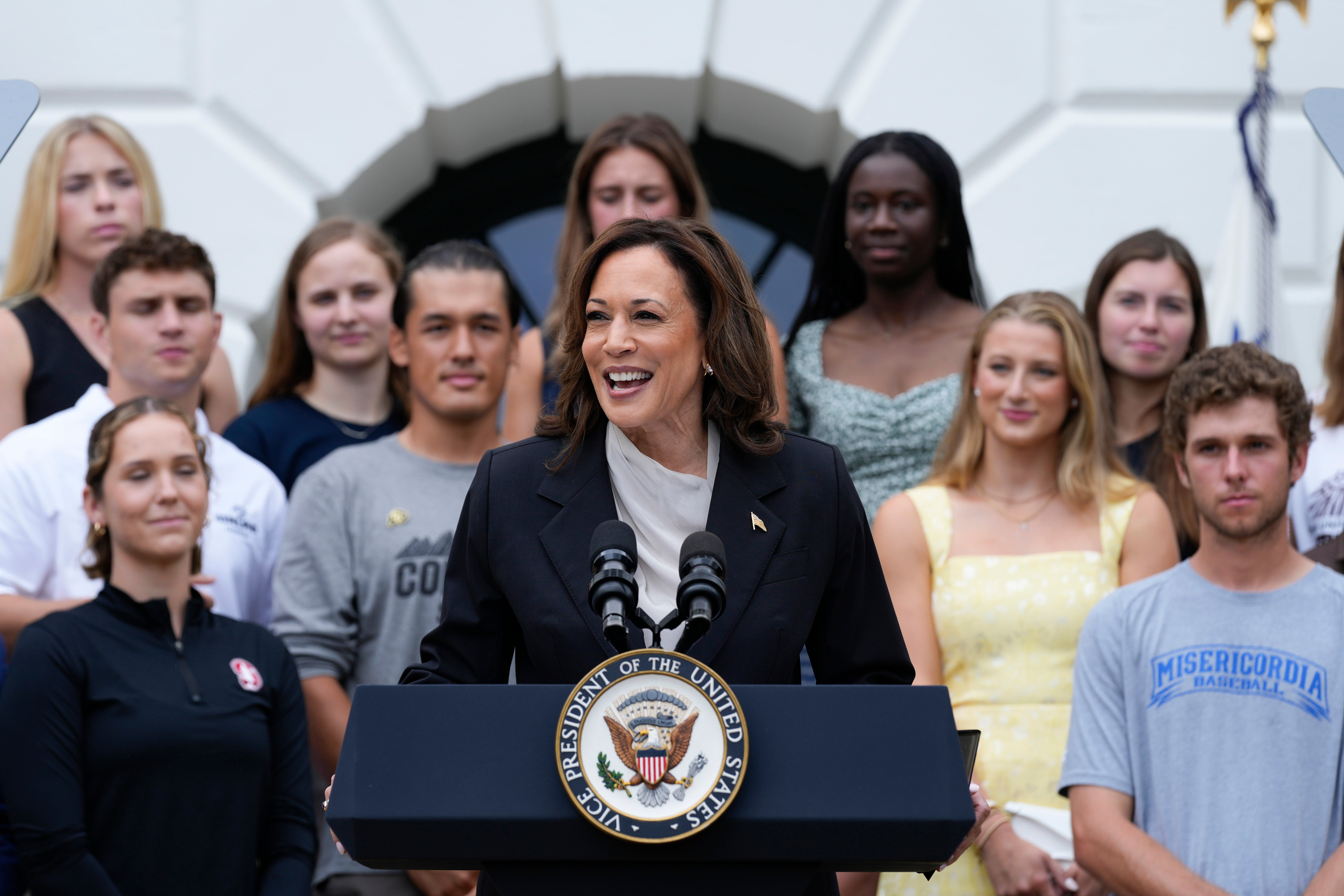 Vice President Kamala Harris speaks from the South Lawn of the White House in Washington, Monday, July 22, 2024, during an event with NCAA college athletes. This is her first public appearance since President Joe Biden endorsed her to be the next presidential nominee of the Democratic Party. (AP Photo/Susan Walsh)