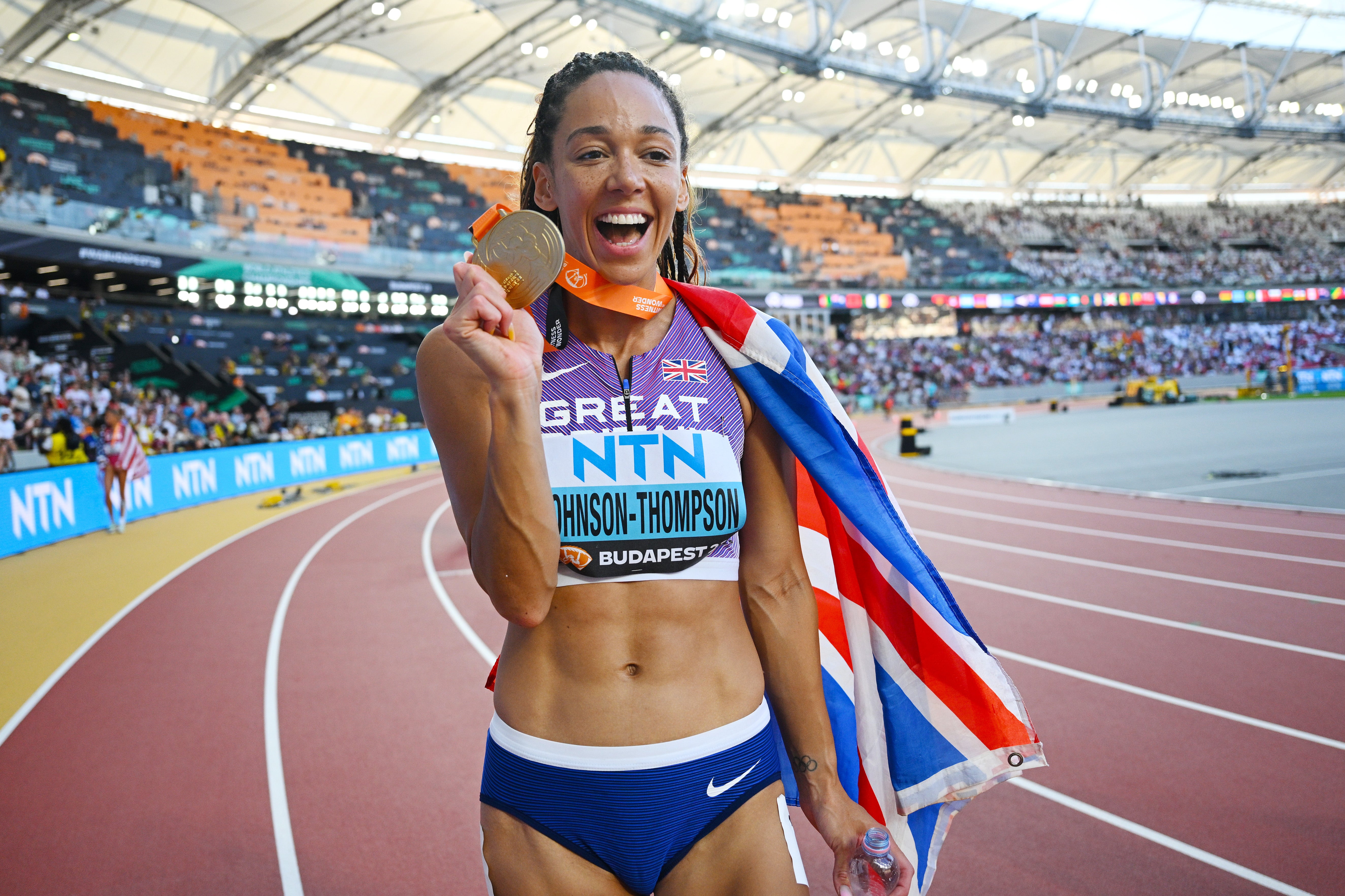 Katarina Johnson-Thompson celebrates after winning gold in Budapest