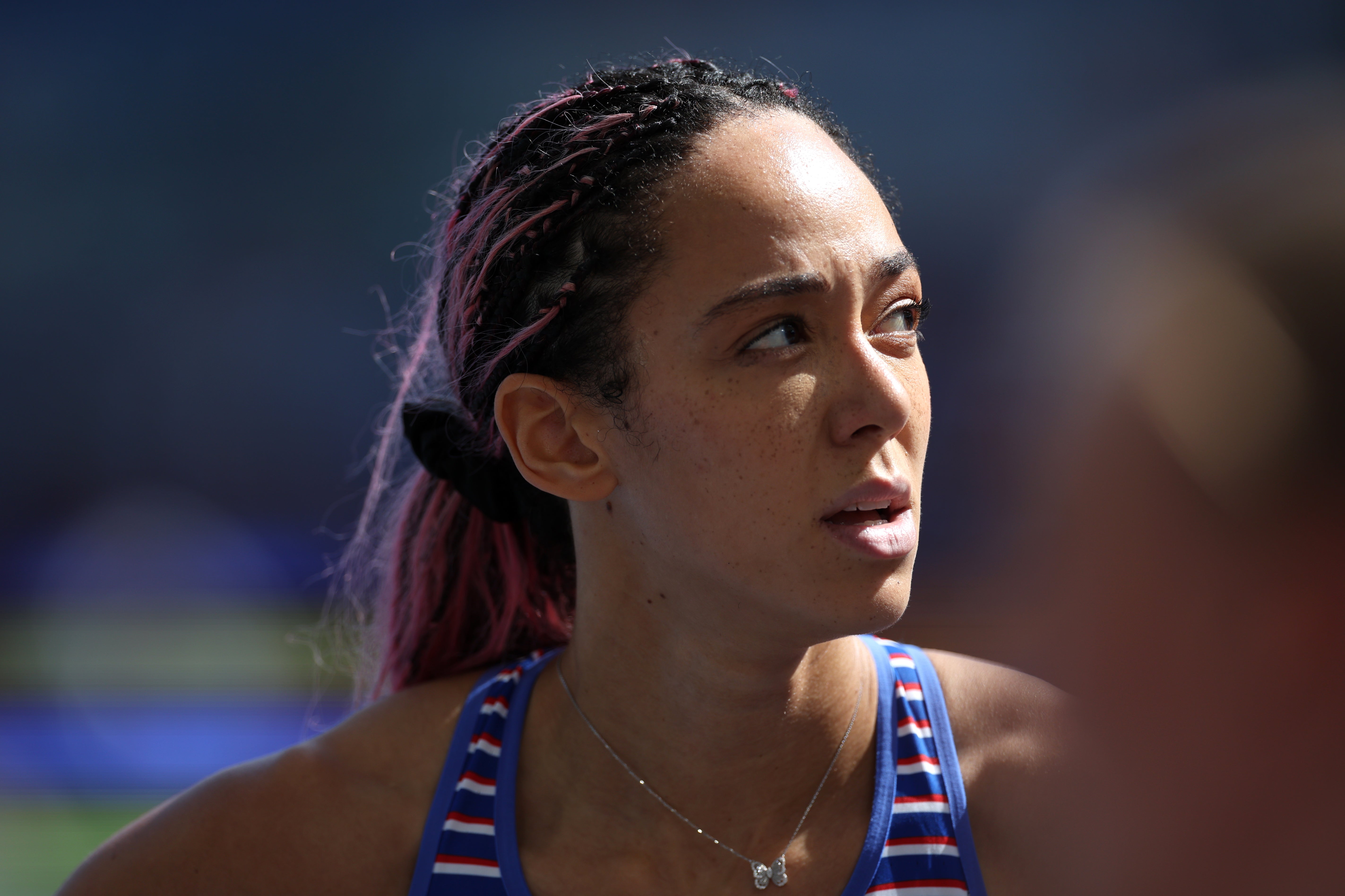 Katarina Johnson-Thompson catches her breath after running the 100m hurdles at the European Athletics Championships in Rome in June