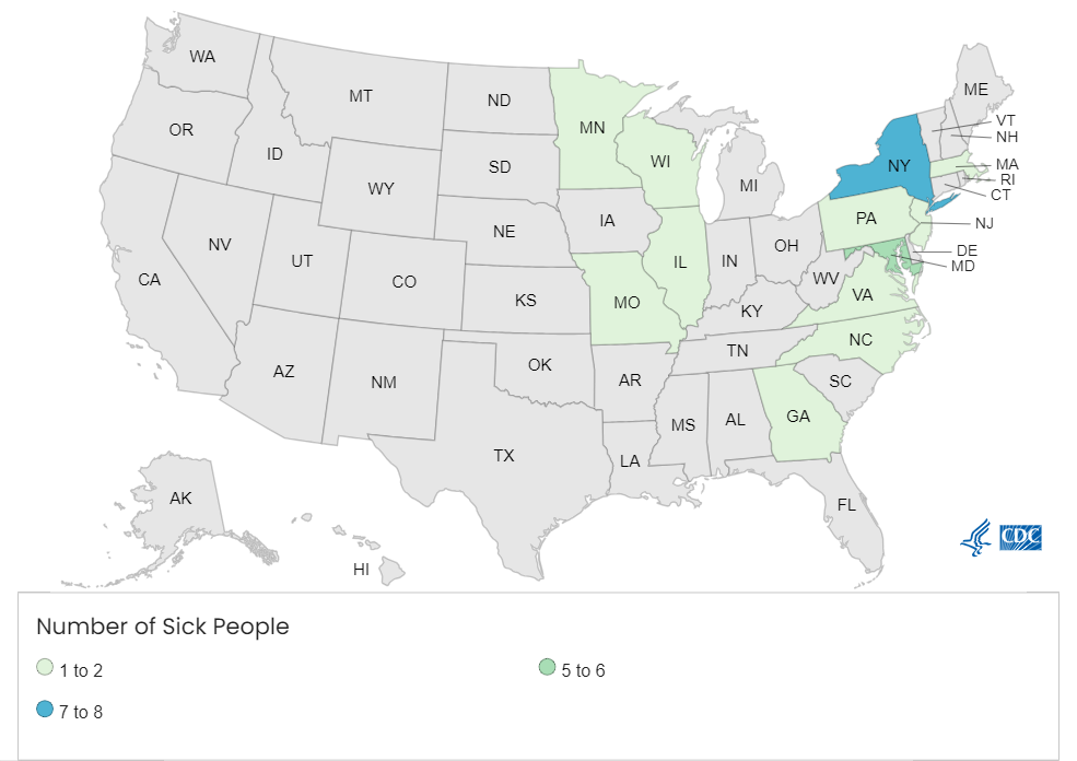 The map from the CDC shows the states affected by the listeria outbreak. Sliced deli meats have been linked to a listeria outbreak spanning 12 states in the United States