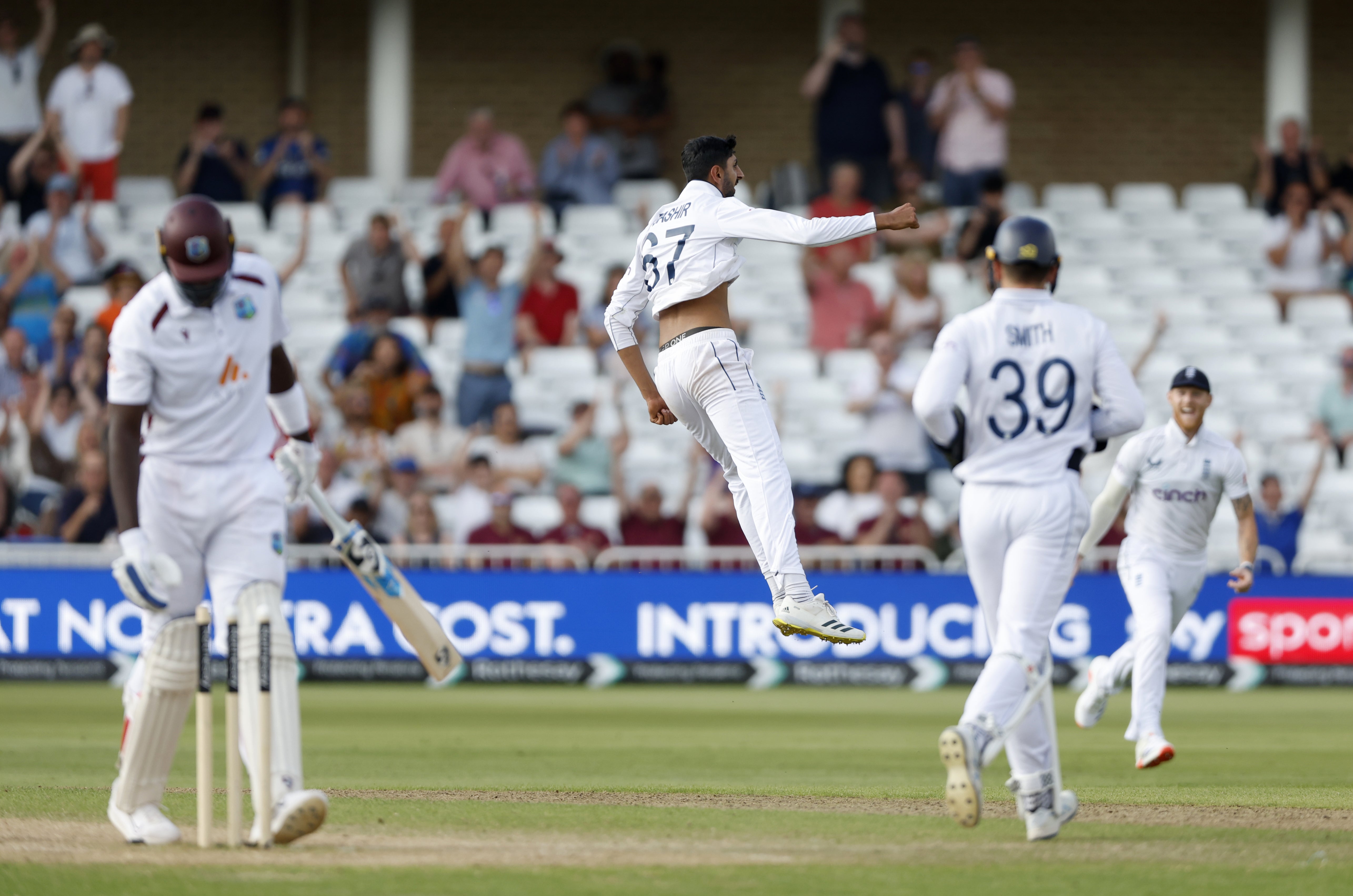 Shoaib Bashir, centre, starred at Trent Bridge (Nigel French/PA)