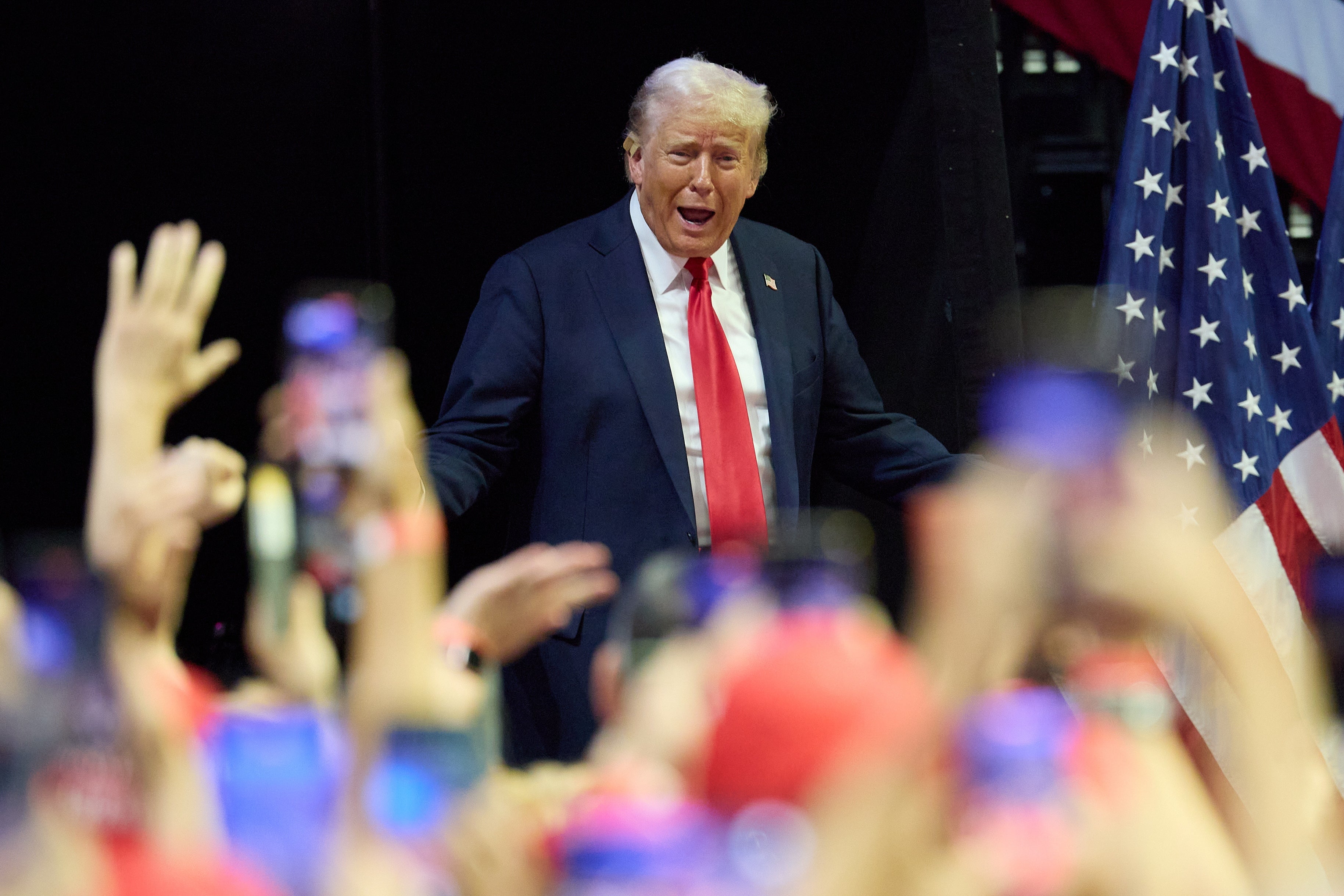 Donald Trump holds a rally in Michigan on July 20. There is great anger within his campaign team that Joe Biden has dropped out of the presidential race and that Harris is now in the running as the Democratic candidate for the presidential nomination.