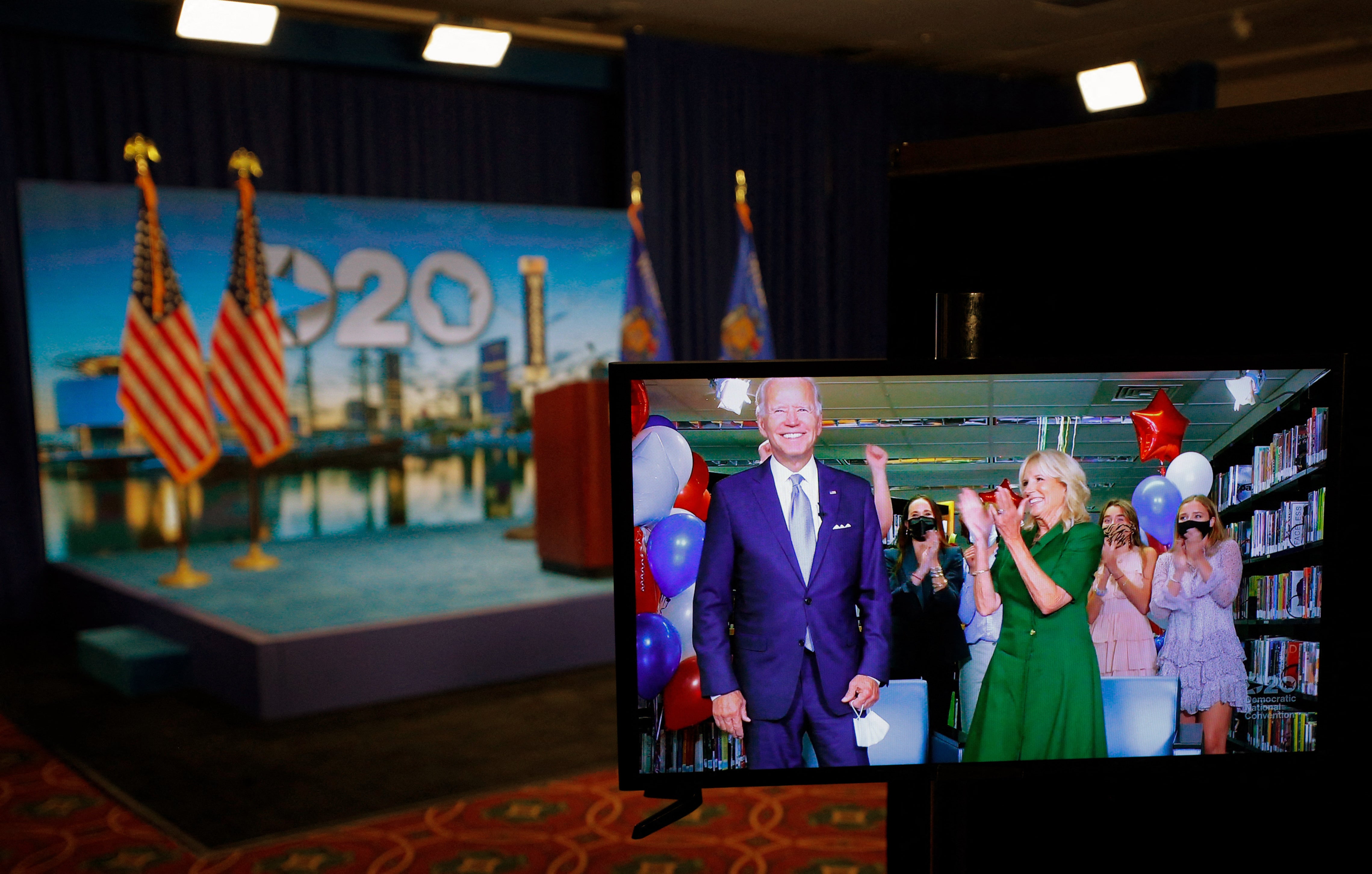 Joe Biden reacting next to wife Jill Biden after being formally nominated as the Democratic presidential candidate during the 2020 DNC, which was held virtually due to the Covid pandemic