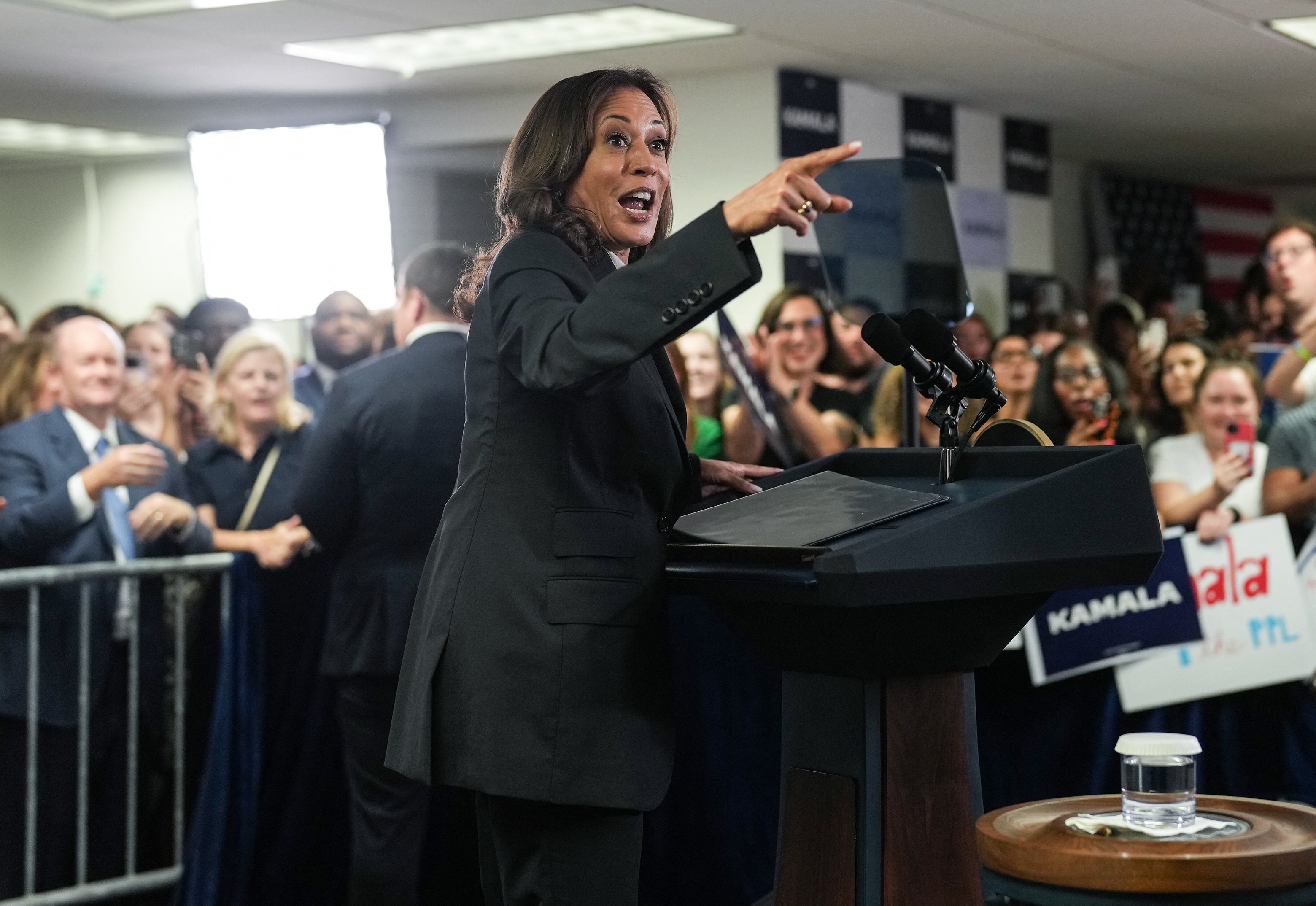 Kamala Harris speaks to supporters and campaign staff in Delaware as she launches her bid for the Democratic nomination for president on July 22.