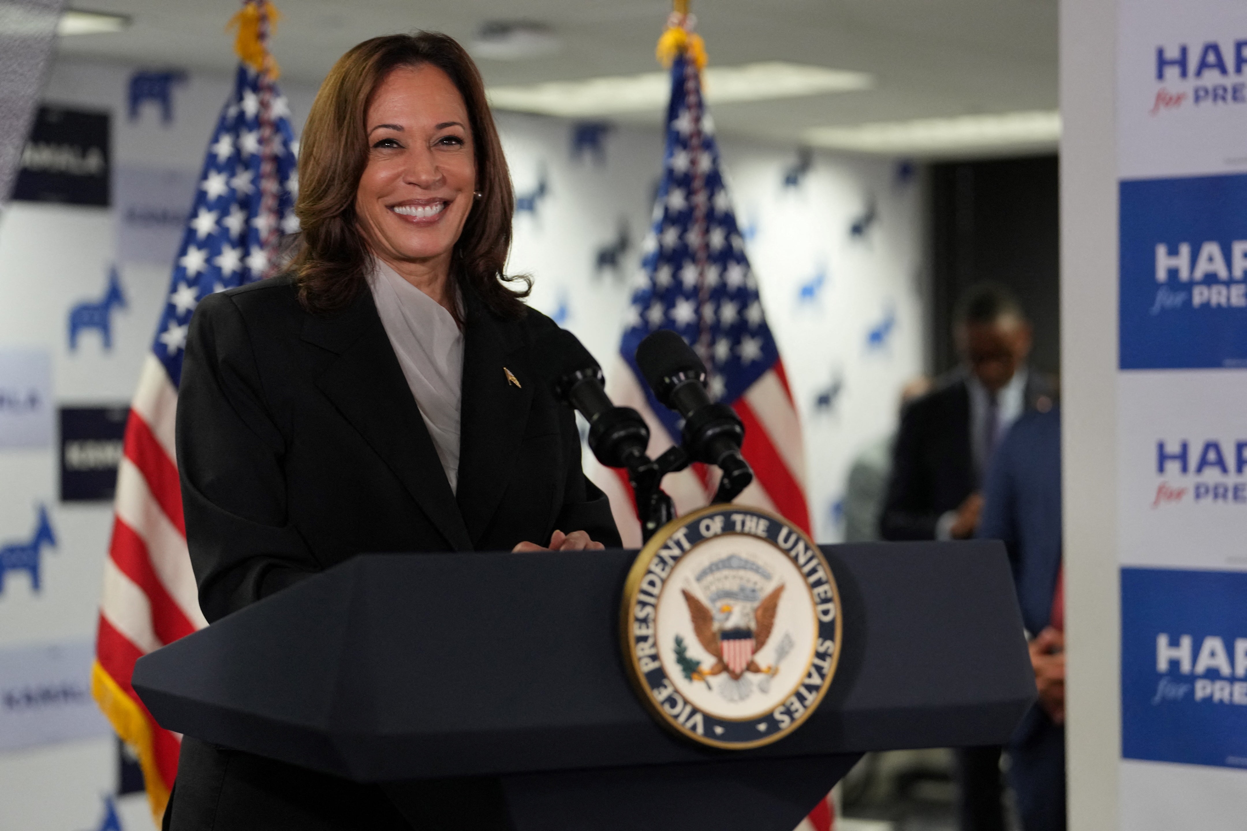 Kamala Harris speaks to campaign staff and supporters in Delaware on July 22