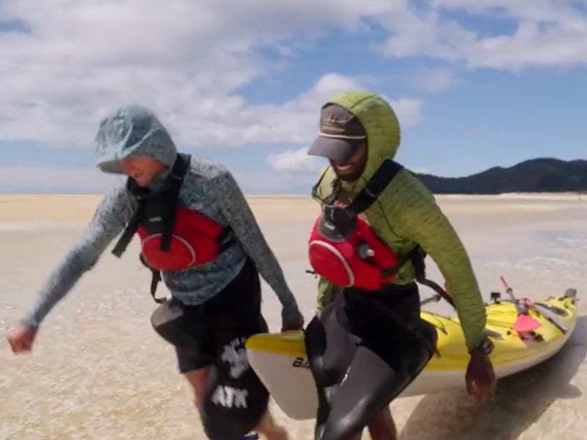 In the trailer for 'Race to Survive,' a contestant is seen pulling a kayak during one of the races.