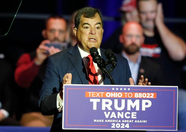 <p>Ohio state senator George Lang speaks during a campaign rally for JD Vance in Middletown, Ohio on Monday</p>