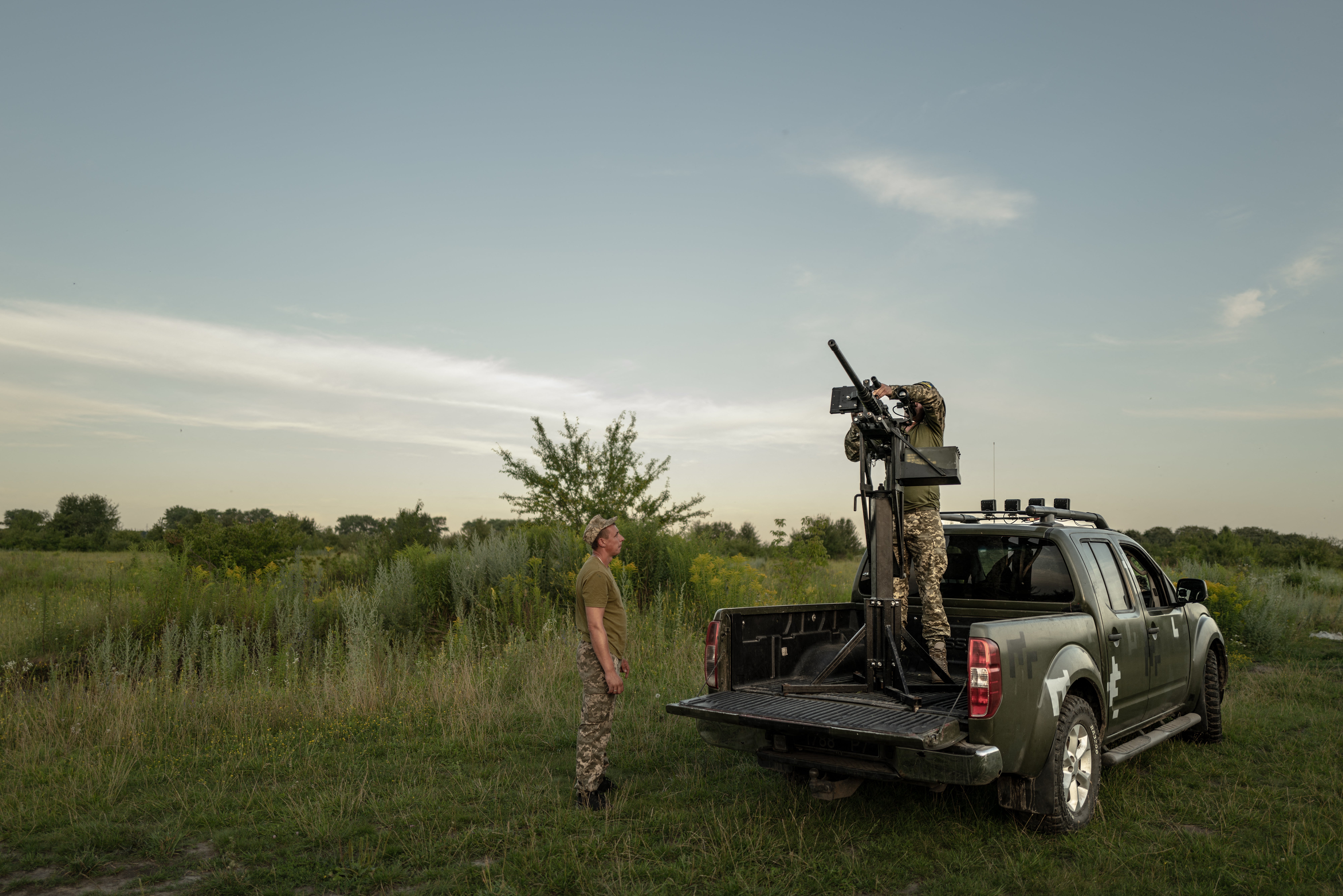 Soldiers of the mobile air defense brigade prepare a 12.7 mm heavy machine gun near a training ground in the Khmelnitsky region