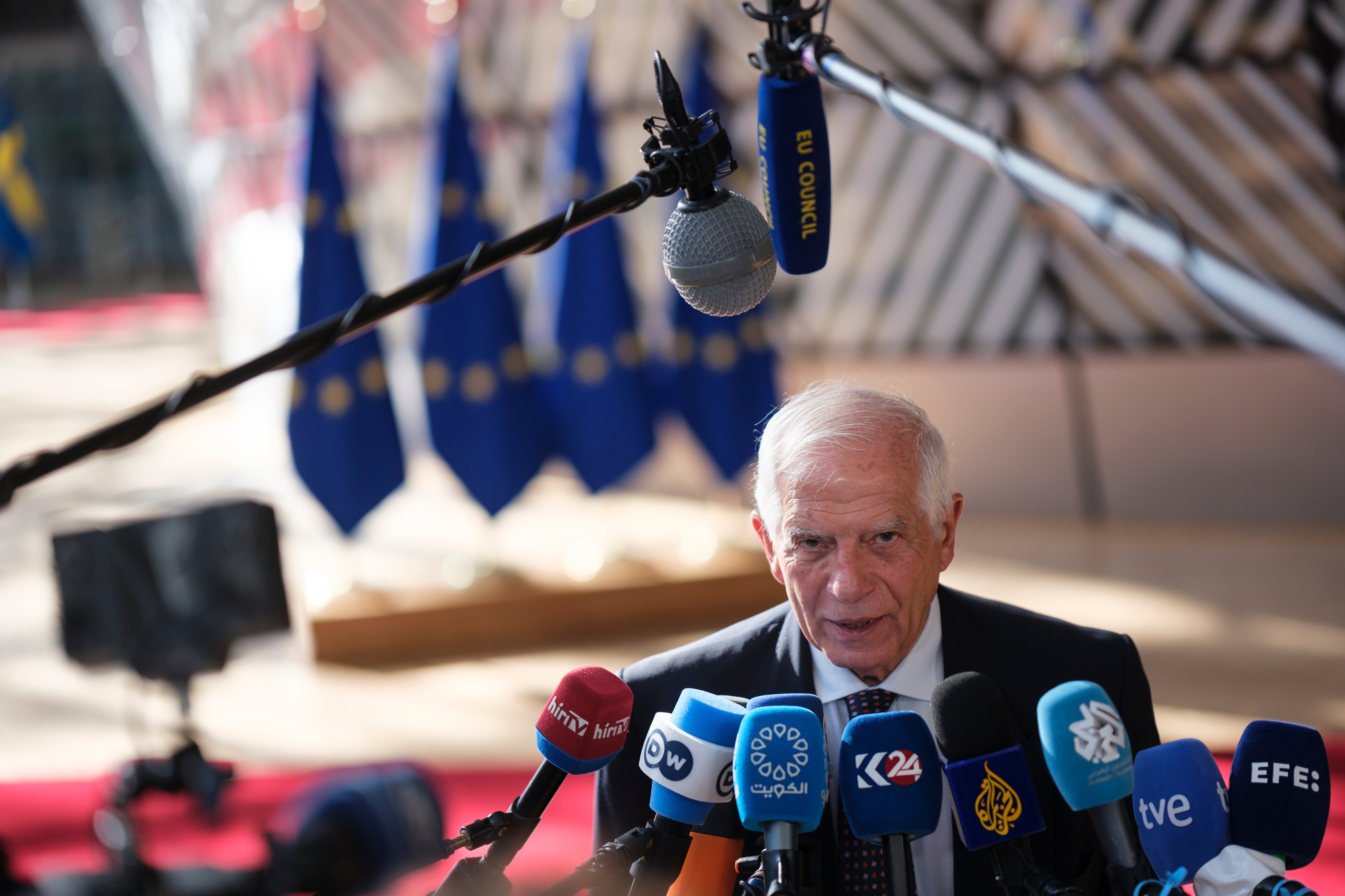EU foreign policy chief Josep Borrell speaks to the media in Brussels