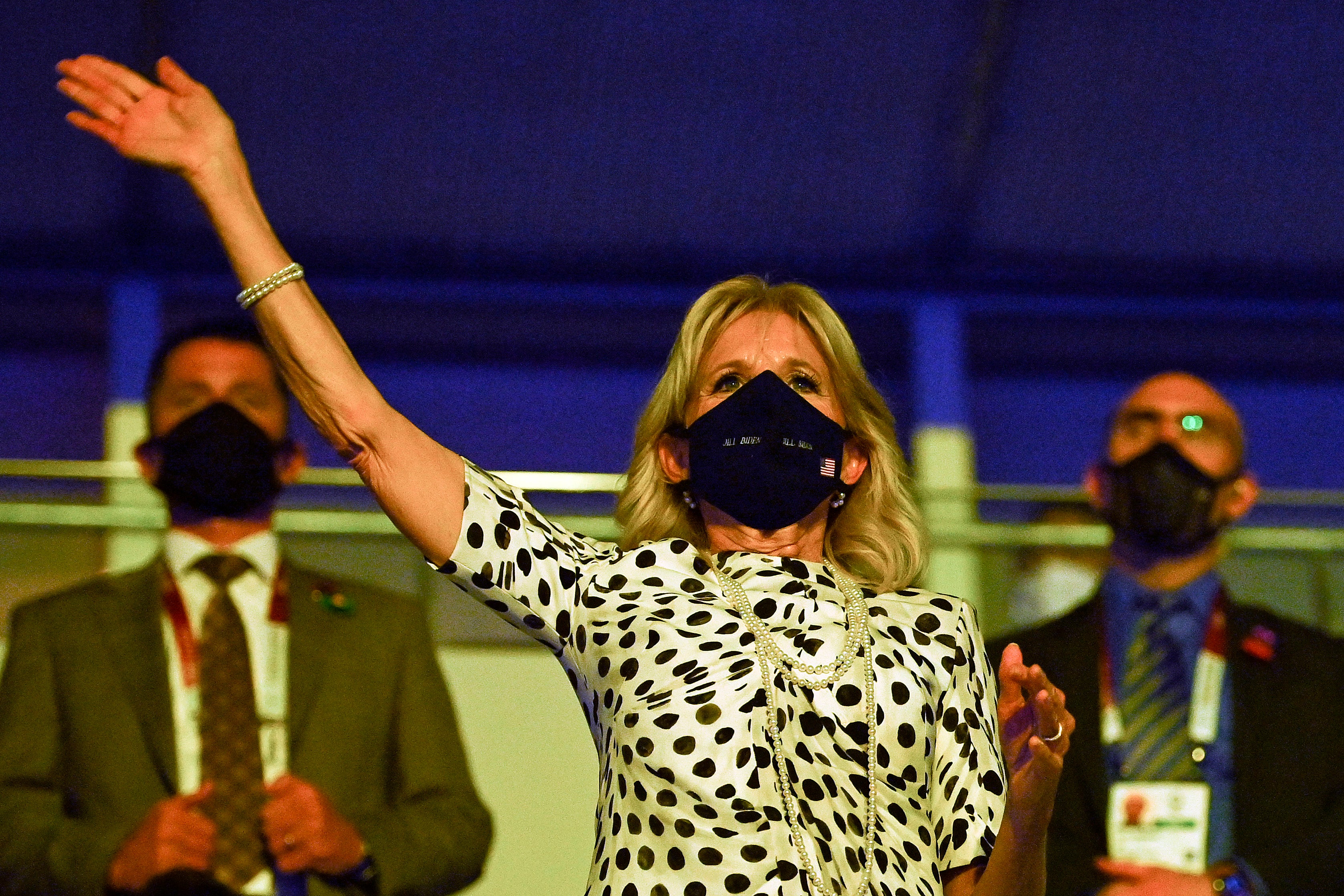 First Lady, Jill Biden waves during the Opening Ceremony of the Tokyo 2020 Olympic Games. She is slated again to lead the delegation at the 2024 Olympics for the United States