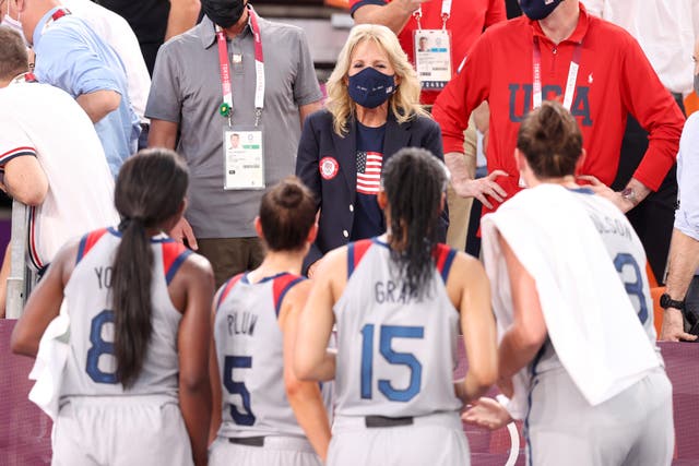 <p>First Lady Jill Biden cheers on Team USA prior to the Women's Pool Round match on day one of the Tokyo 2020 Olympic Games.  She will now lead the US delegation to the 2024 Olympics </p>