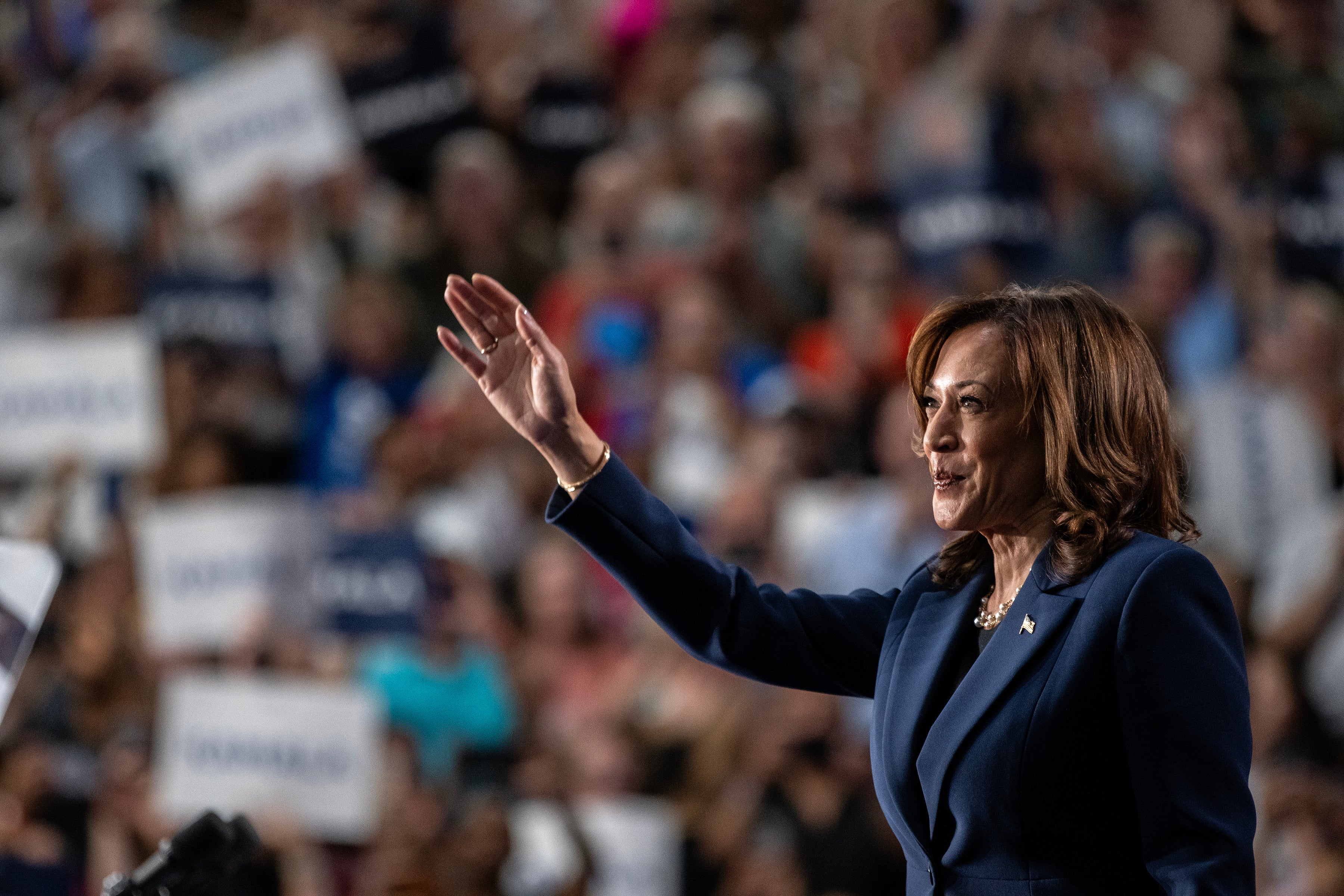 Democratic presidential candidate, Vice President Kamala Harris speaks to supporters during a campaign rally at West Allis Central High School in Wisconsin on July 23, 2024