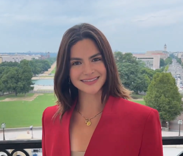 Valentina Gomez, pictured, films a video on the Speaker's Balcony, which is connected to Speaker Mike Johnson's office in the US House of Representatives