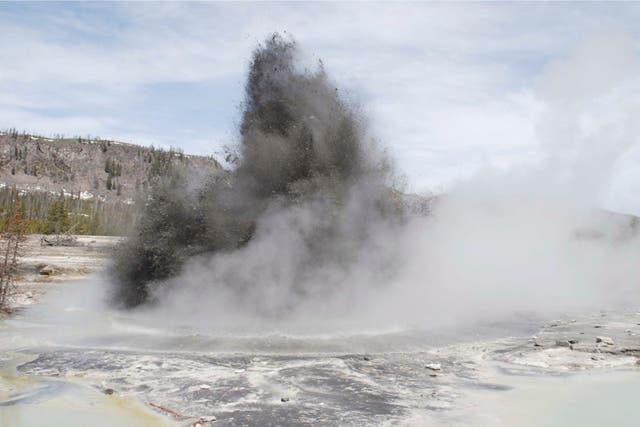 <p>A hydrothermal event is seen in Biscuit Basin in Yellowstone sent tourists running for cover and destroyed a boardwalk</p>