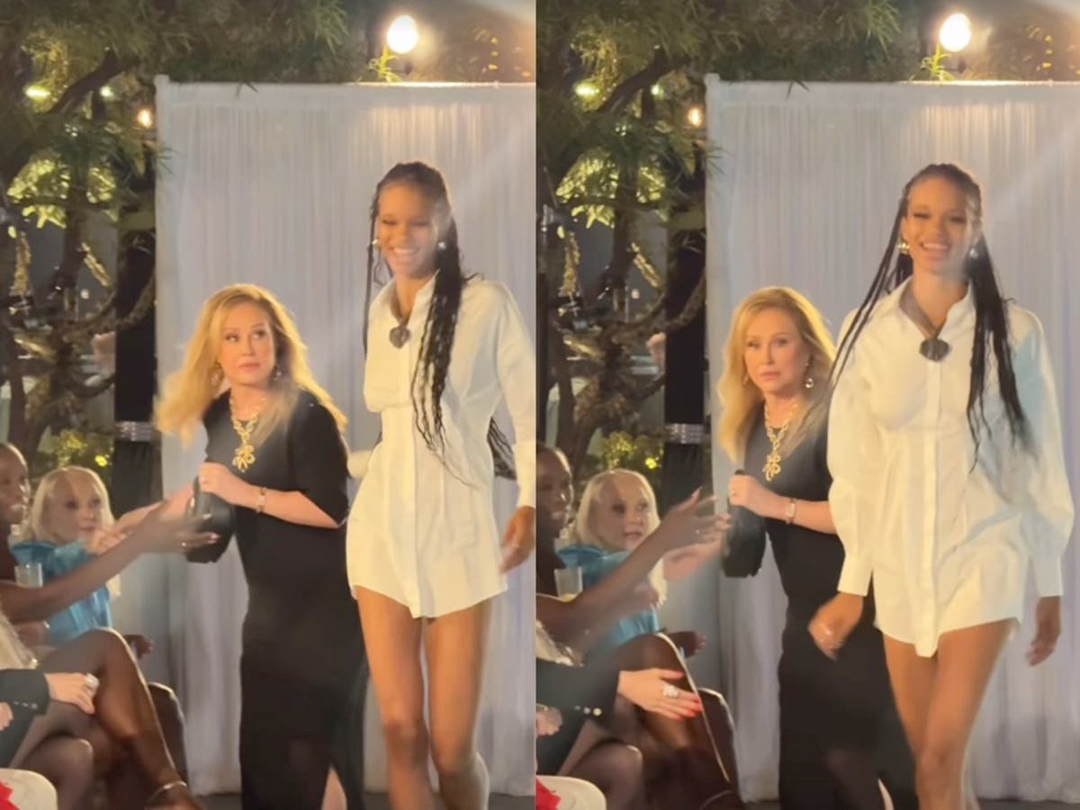 Kathy Hilton narrowly escapes model’s path at fashion show