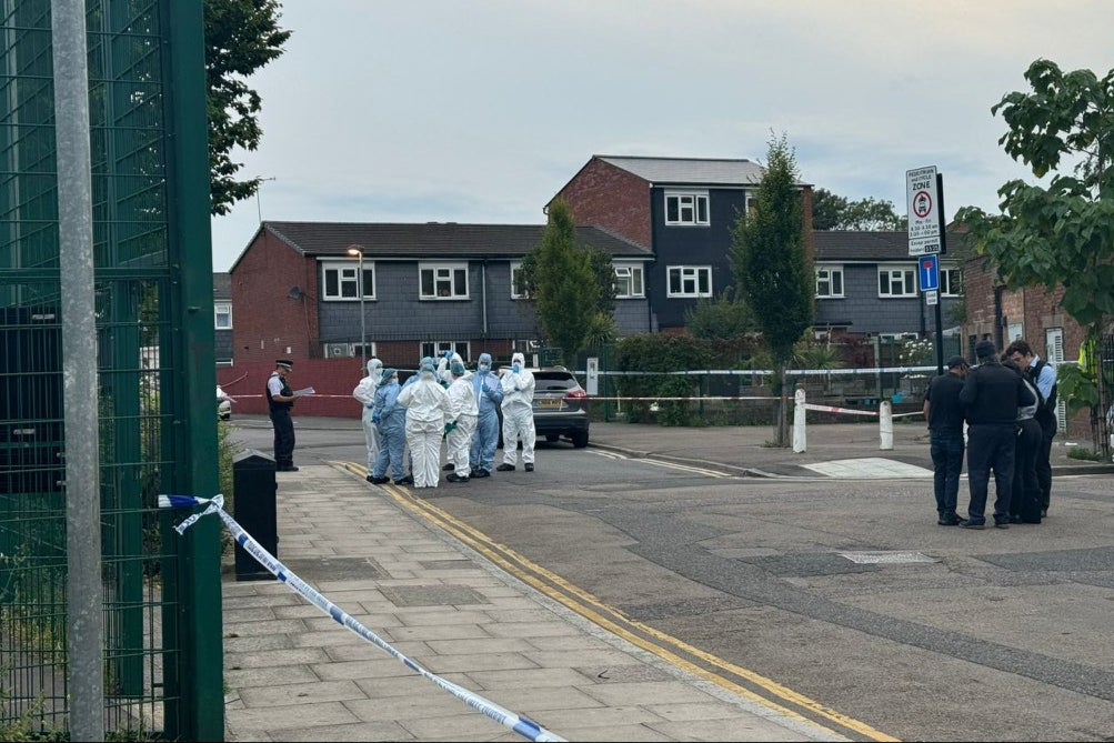 Forensic officers scour the scene in Clapton