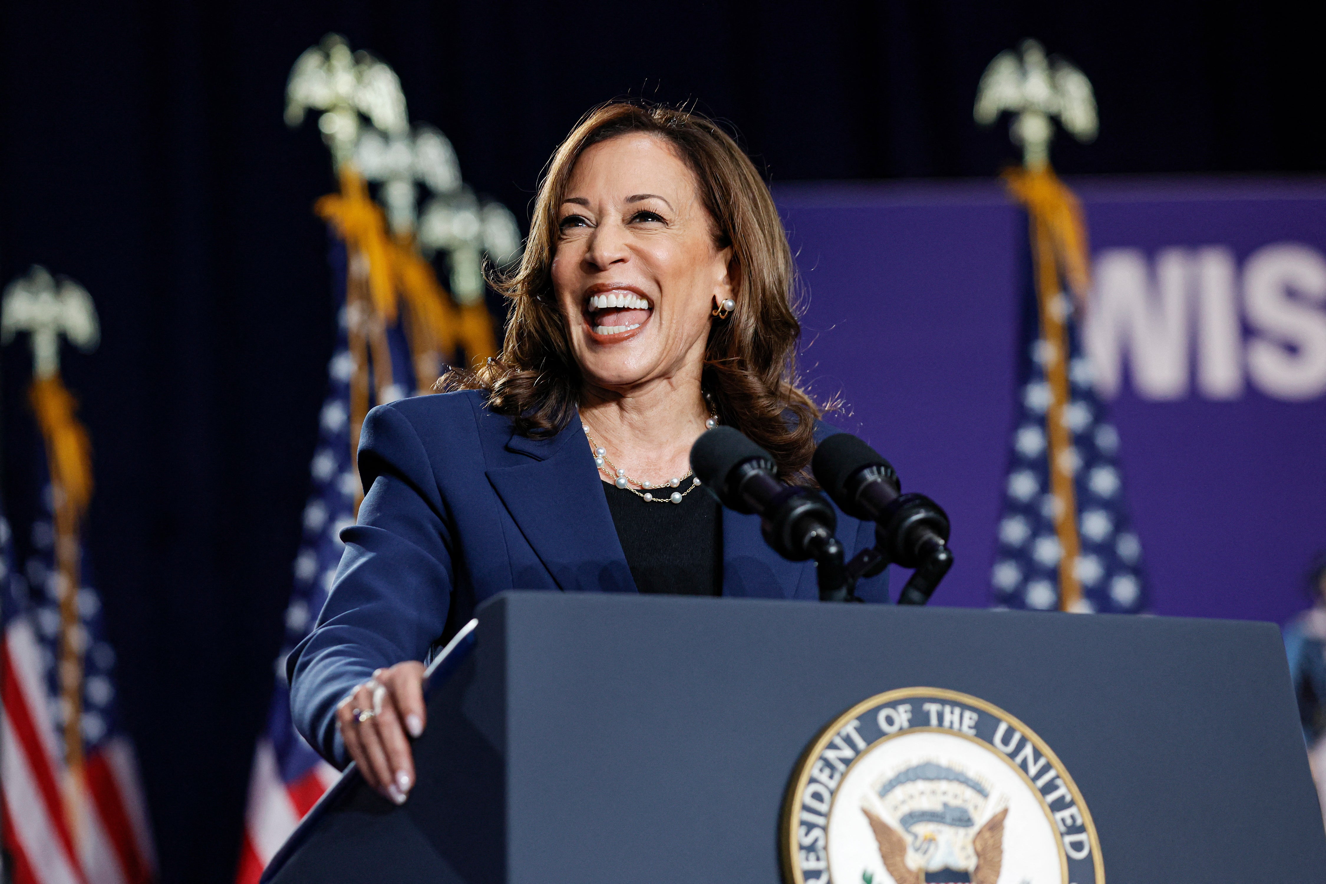 US vice president and Democratic presidential candidate Kamala Harris speaks at West Allis Central High School during her first campaign rally in Milwaukee, Wisconsin, on July 23