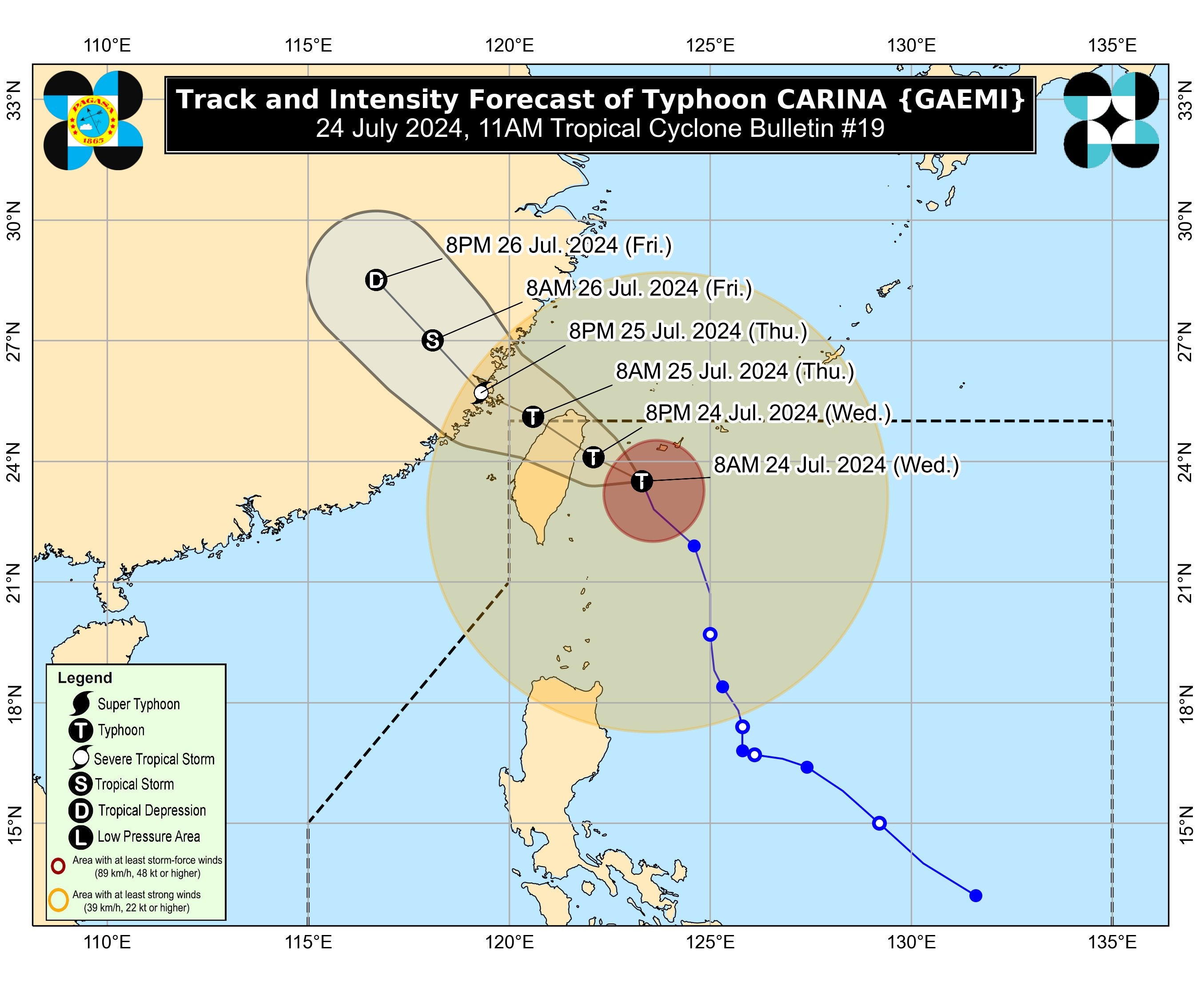 Map shows expected arrival time and intensity of typhoon Gaemi, also known as Carina