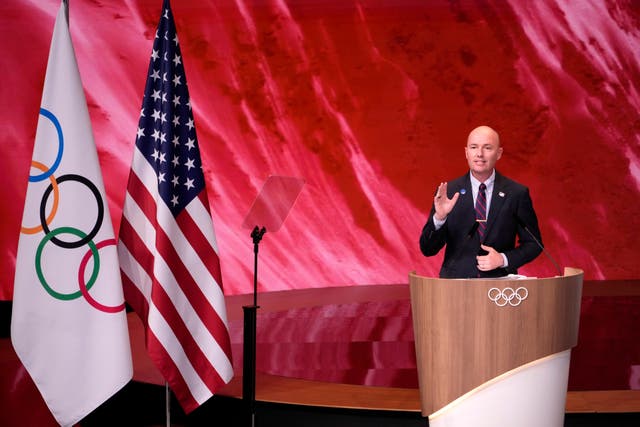 <p>Spencer Cox, governor of Utah, speaks in Paris, France, about Salt Lake City’s bid to host the 2034 Winter Olympics </p>
