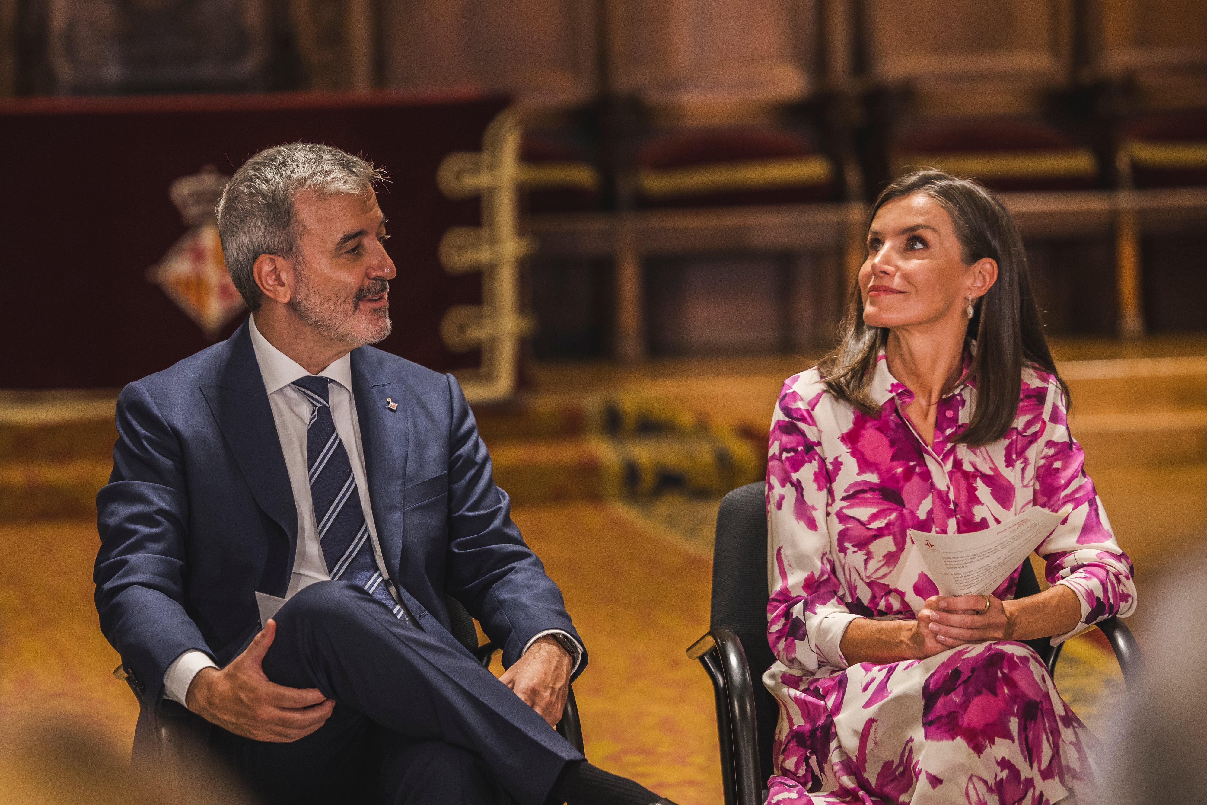 BARCELONA, SPAIN - JULY 23: Mayor of Barcelona, Jaume Collboni and Queen Leticia of Spain attend the annual meeting of Directors of the Cervantes Institute at Barcelona City Hall on July 23, 2024 in Barcelona, Spain.