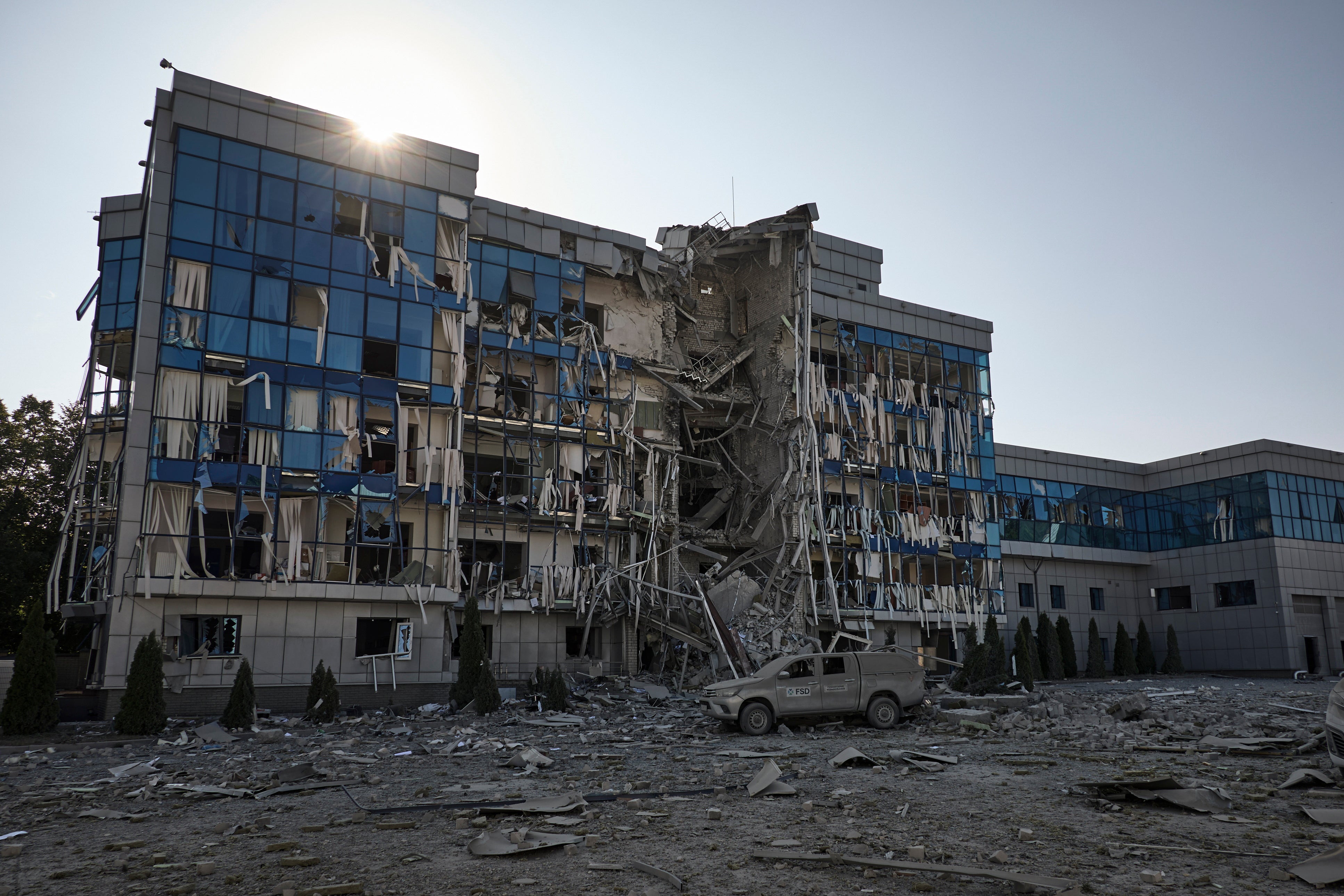 A view of the damaged Swiss Foundation for Mine Action (FSD) office after shelling in Kharkiv, northeastern Ukraine