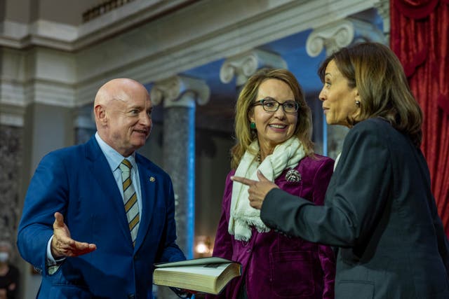 <p>U.S. Vice President Kamala Harris prepares to swears in Sen. Mark Kelly (D-AZ) with his wife Gabrielle Giffords  in the old senate chamber for the Ceremonial Swearing on January 03, 2023 in Washington, DC</p>