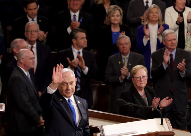 <p> Israeli Prime Minister Benjamin Netanyahu addresses a joint meeting of Congress in the chamber of the House of Representatives at the U.S. Capitol on July 24, 2024 in Washington, DC. </p>