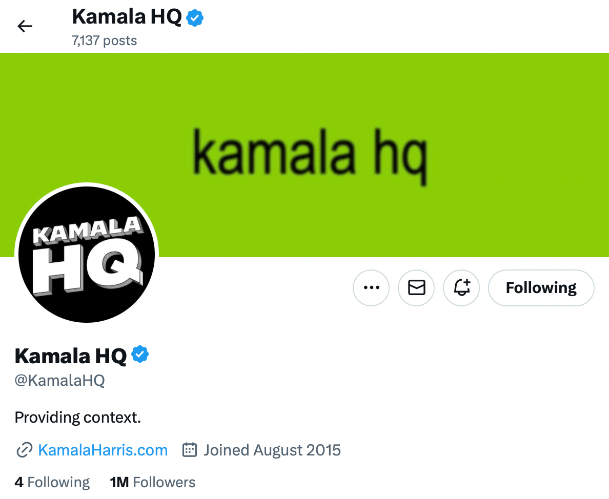 In a nod to Charli XCX’s endorsement, the Harris campaign’s profile header on X changed to read “kamala hq” with a Brat-green background.