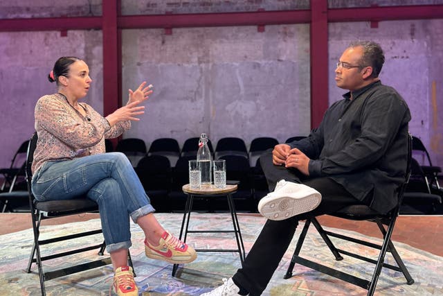 <p>Amanda Abbington being interviewed by Krishnan Guru-Murthy for Channel 4 News</p>