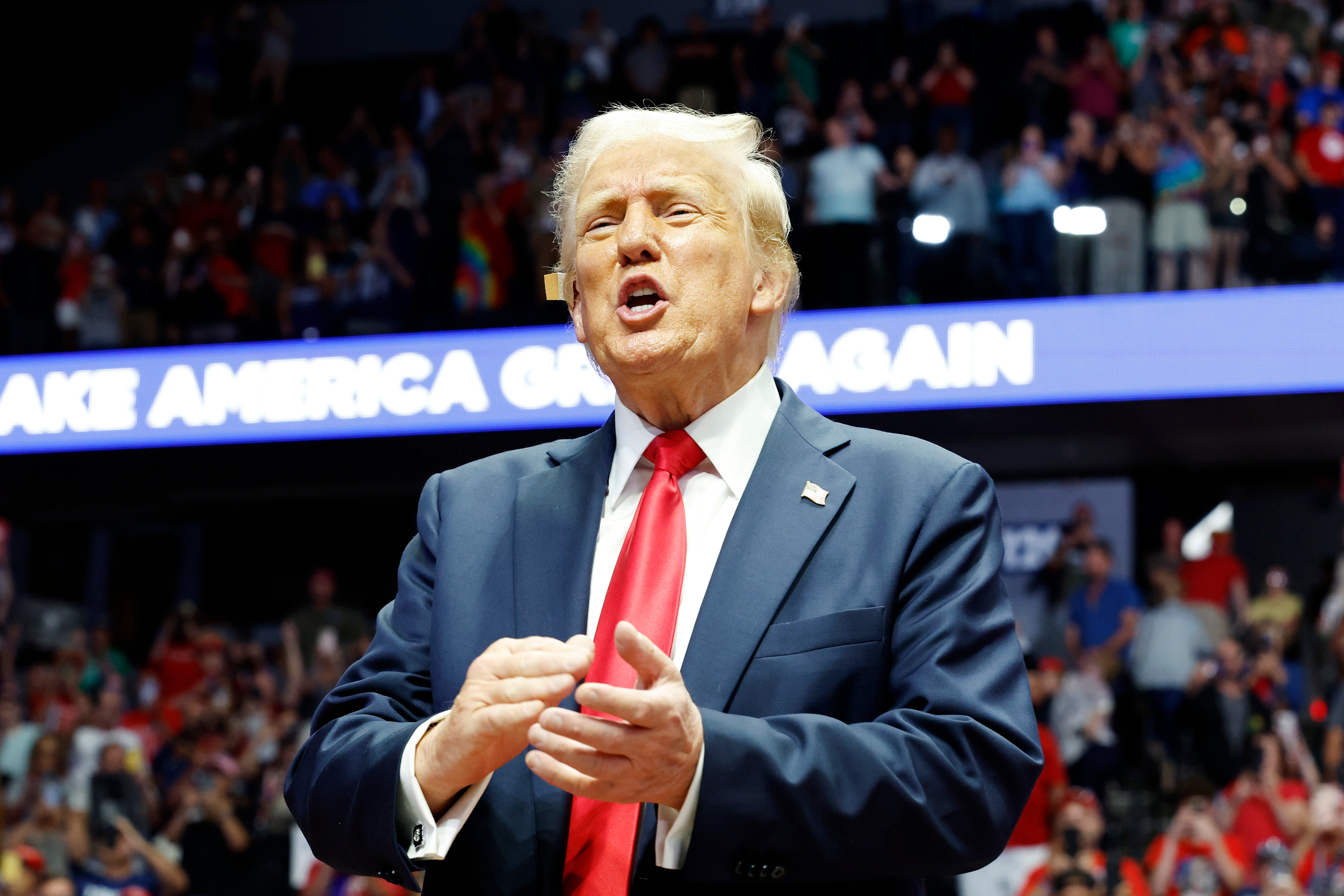 Donald Trump speaks at a campaign rally in Grand Rapids, Michigan, on July 20. A federal judge allowed Trump to sue ABC News for defamation after rejecting the network’s motion to dismiss the case on July 24.