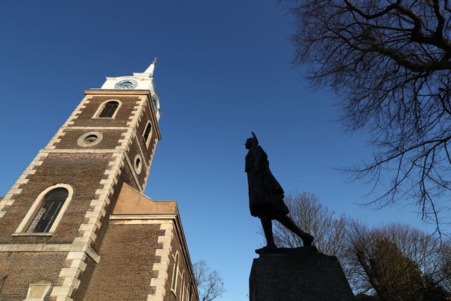 A bronze statue of Pocahontas outside St George’s Church in Gravesend, where she is thought to be buried (Gareth Fuller/PA)