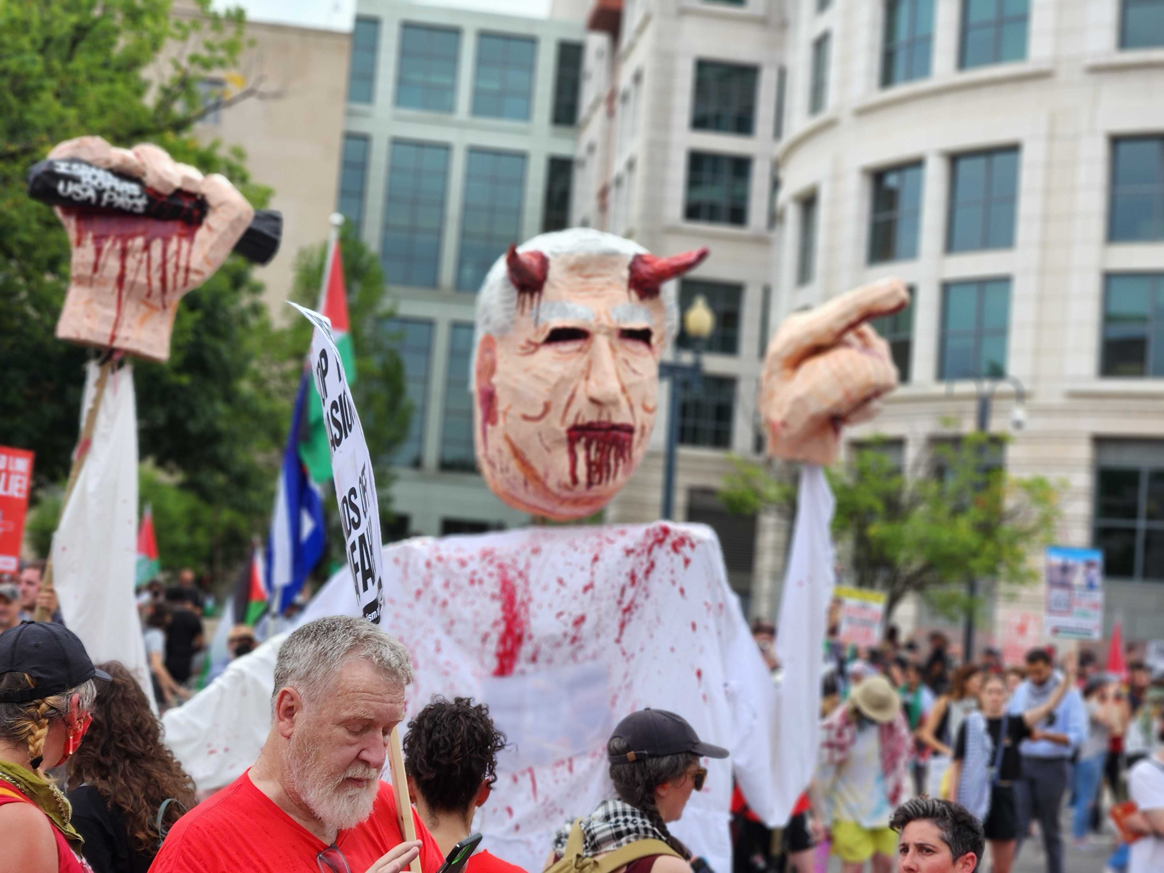 A puppet depicting Benjamin Netanyahu, Israel’s prime minister, is carried by protesters on July 24, 2024 in Washington DC as Netanyahu spoke to Congress.